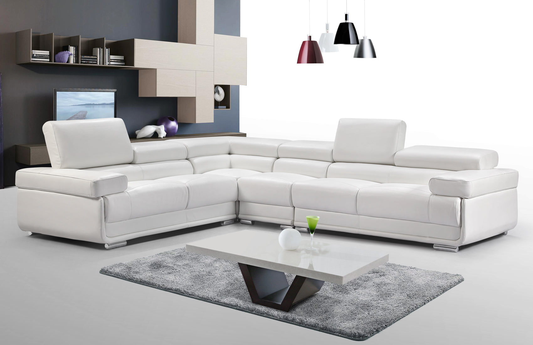 ESF Furniture Top Grain Italian Leather  2119 Sectional in White with Adjustable Headrest ESF Furniture