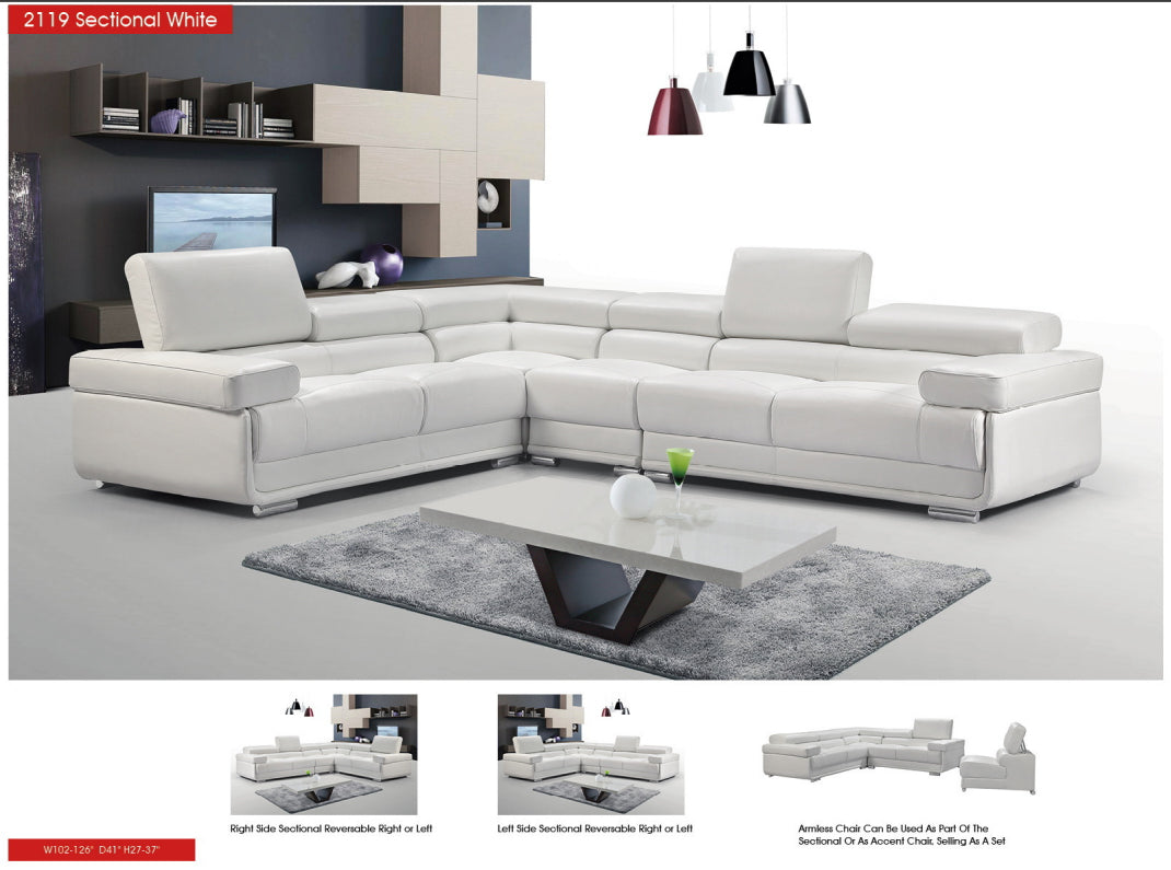 ESF Furniture Top Grain Italian Leather  2119 Sectional in White with Adjustable Headrest ESF Furniture