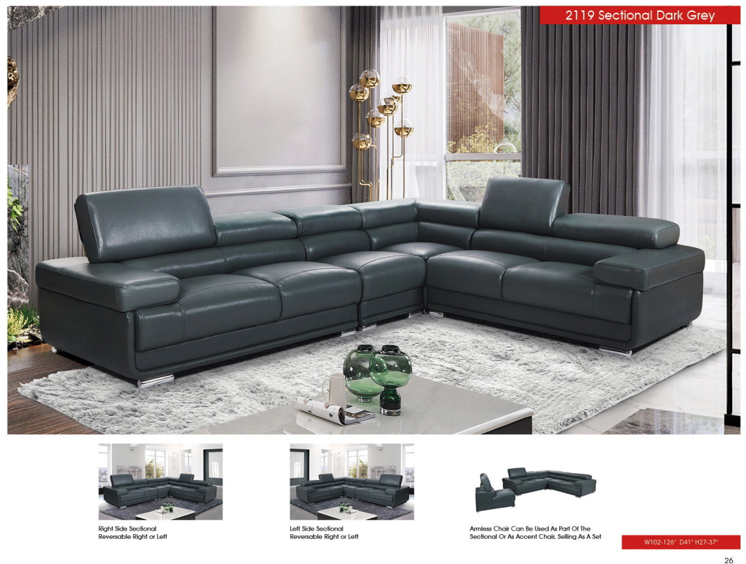 2119 Modern “Italian Top Grain Leather” Sectional with Adjustable Headrest by ESF Furniture ESF Furniture