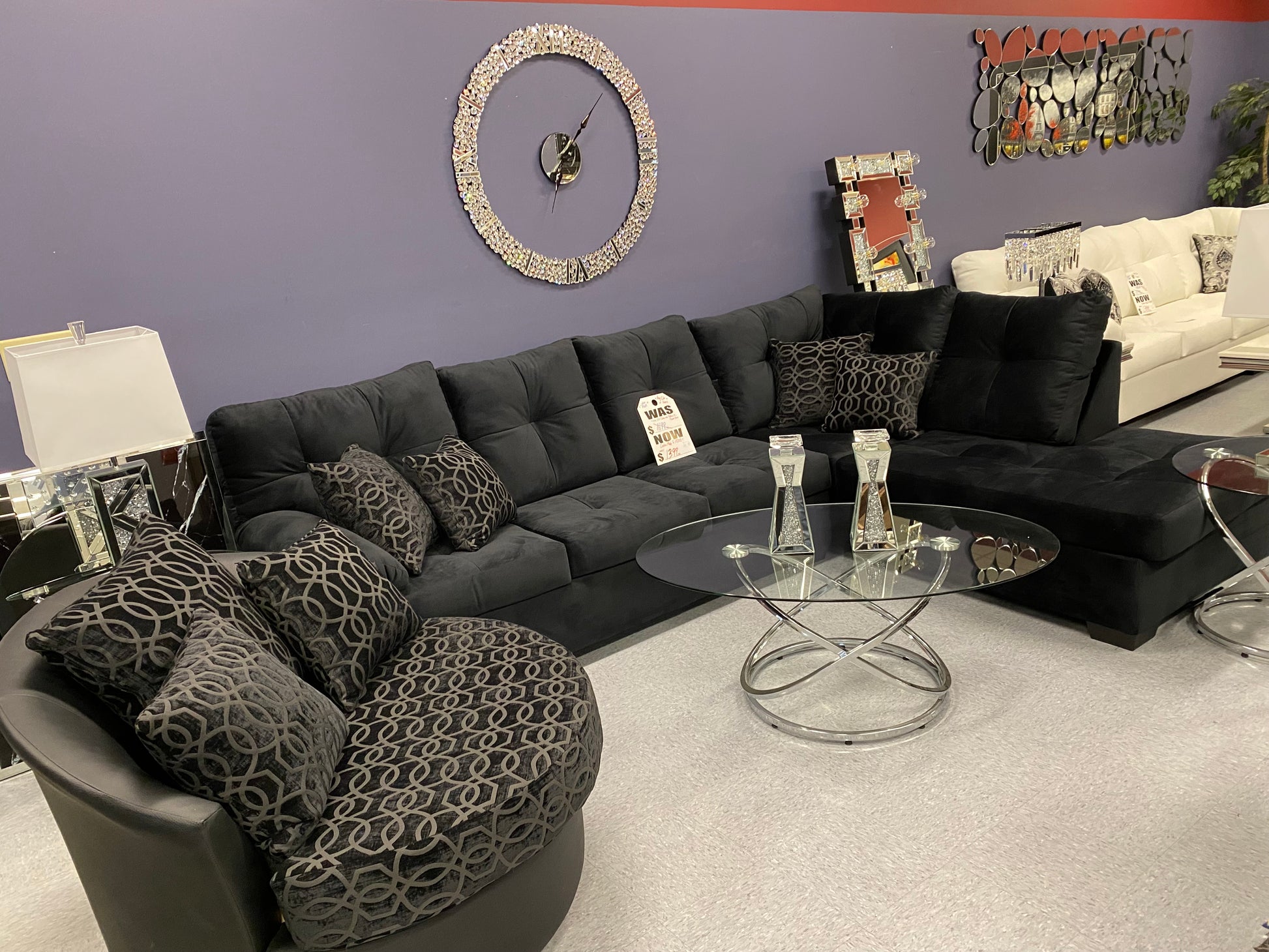 CRISTAL ROYALE Upholstered Sectional Sofa in Ebony BLACK Premium Chanel Velvet Fabric ** Available In Over 500 in house Colors and Patterns to Choose From, ** Custom Made To Order ** Design It Your Way House to Home Furnishings LLC