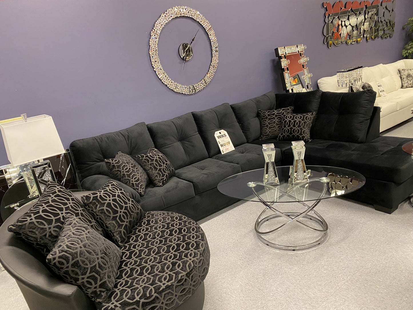 CRISTAL ROYALE Upholstered Sectional Sofa in Ebony BLACK Premium Chanel Velvet Fabric ** Available In Over 500 in house Colors and Patterns to Choose From, ** Custom Made To Order ** Design It Your Way House to Home Furnishings LLC