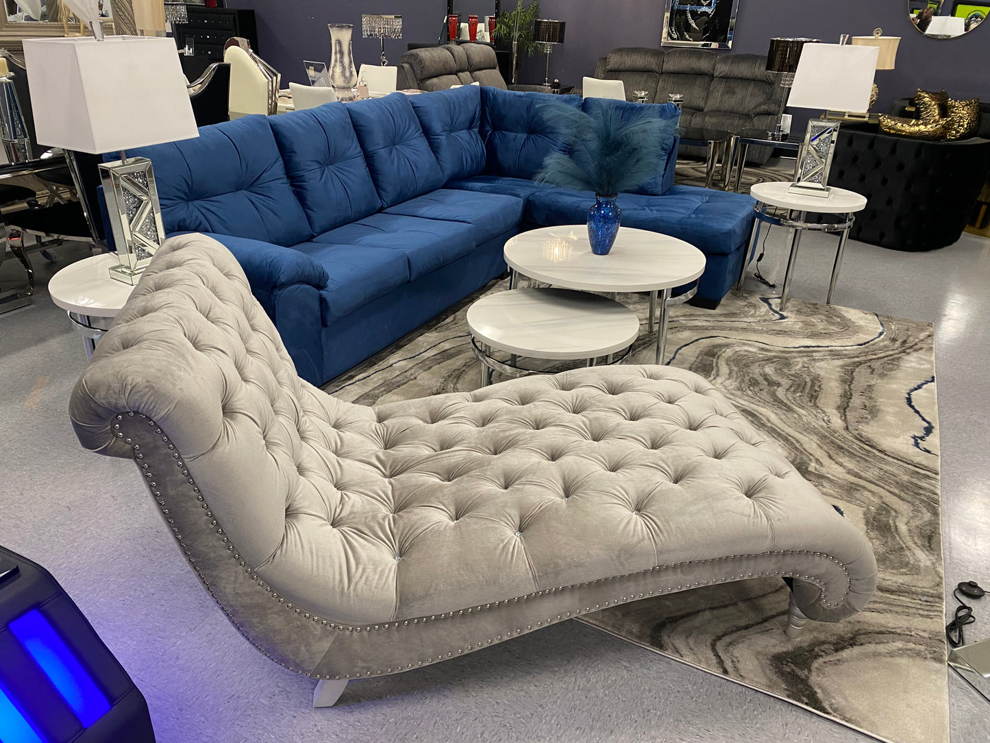 CRISTAL ROYALE Upholstered Sectional Sofa in Coastal Blue Premium Chanel Velvet Fabric ** Available In Over 500 in house Colors and Patterns to Choose From, ** Custom Made To Order ** Design It Your Way House to Home Furnishings LLC