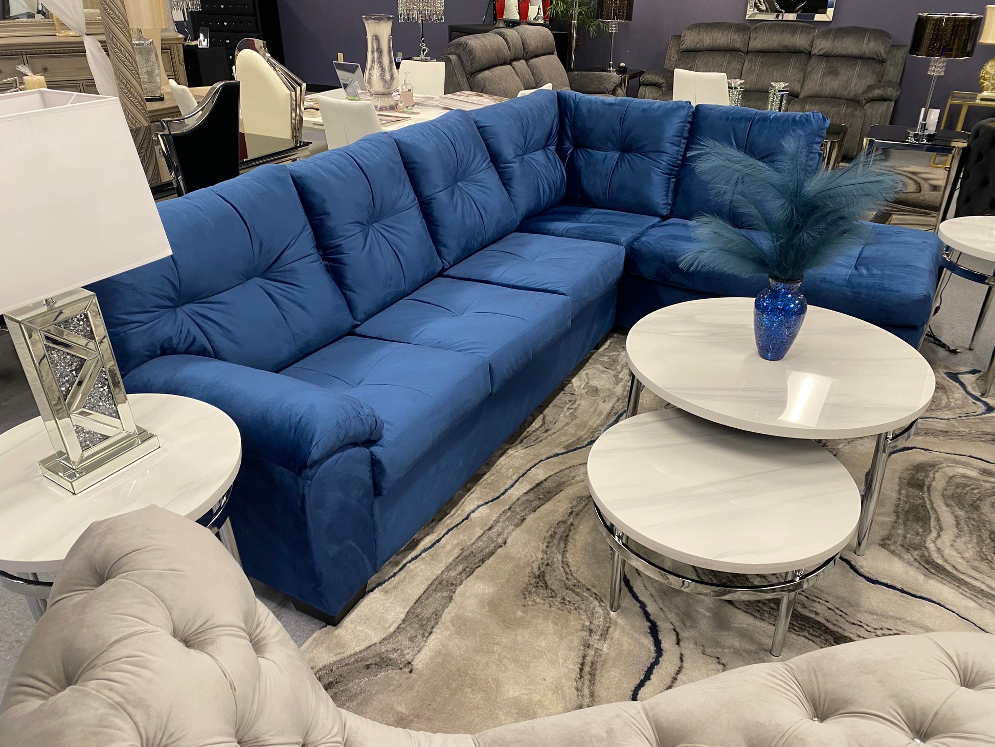 CRISTAL ROYALE Upholstered Sectional Sofa in Coastal Blue Premium Chanel Velvet Fabric ** Available In Over 500 in house Colors and Patterns to Choose From, ** Custom Made To Order ** Design It Your Way House to Home Furnishings LLC