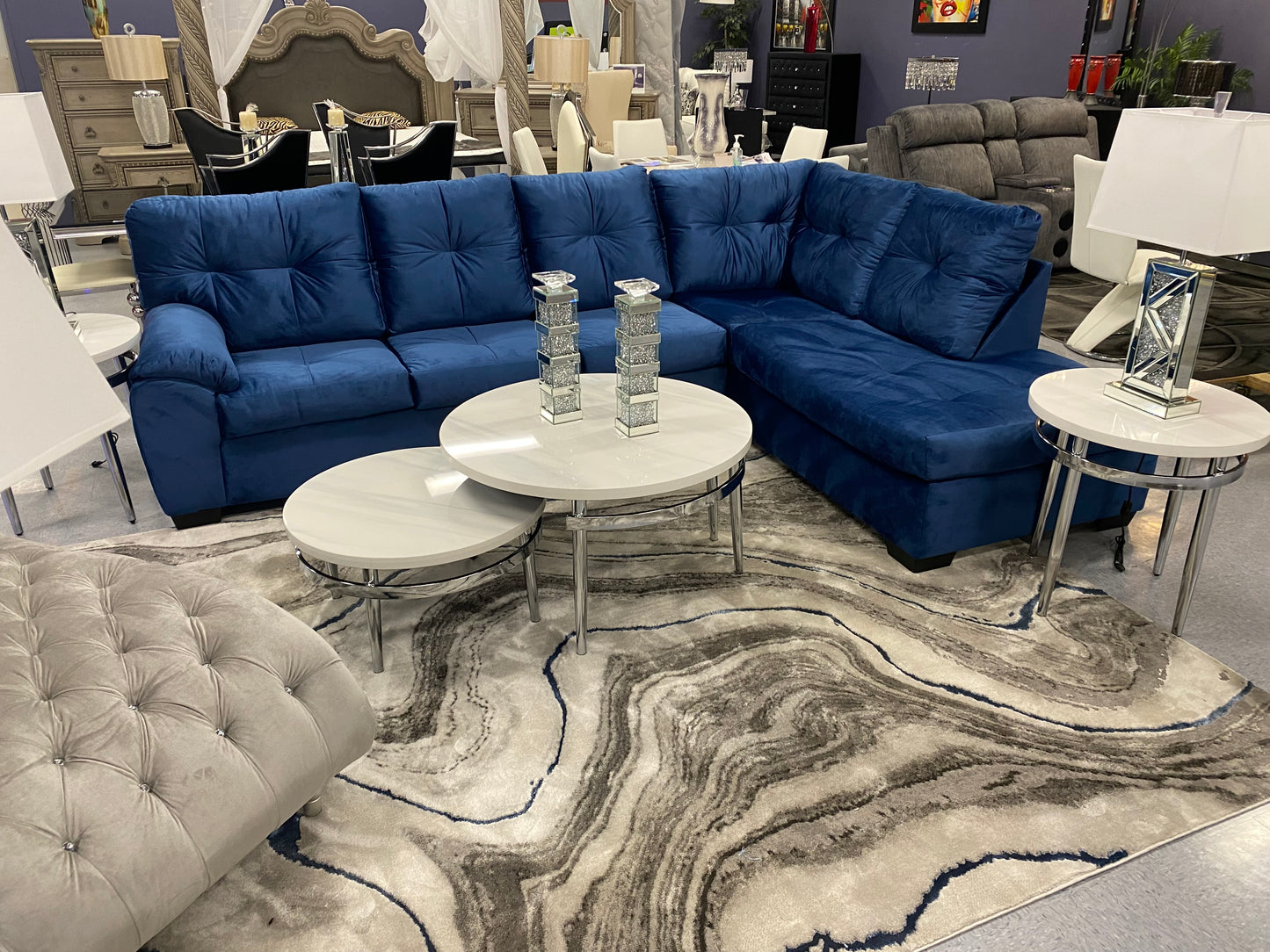 CRISTAL ROYALE Upholstered Sectional Sofa in Coastal Blue Premium Chanel Velvet Fabric ** Available In Over 500 in house Colors and Patterns to Choose From, ** Custom Made To Order ** Design It Your Way House to Home Furnishings LLC