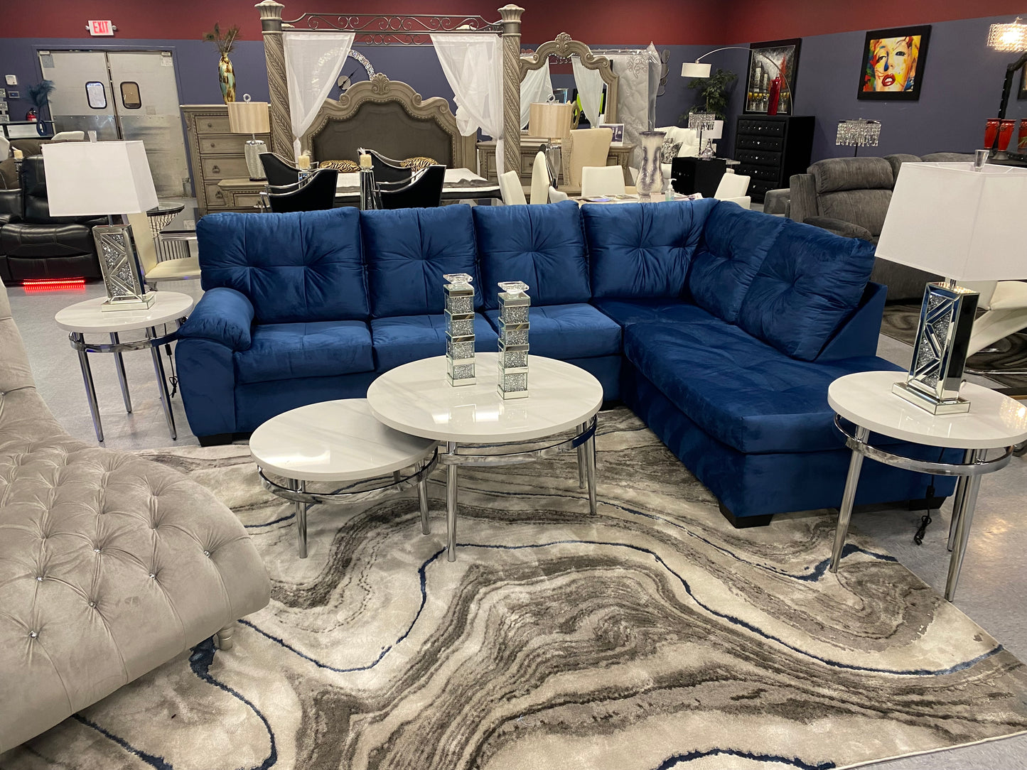 CRISTAL ROYALE Upholstered Sectional Sofa in Coastal Blue Premium Chanel Velvet Fabric ** Available In Over 500 in house Colors and Patterns to Choose From, ** Custom Made To Order ** Design It Your Way House to Home Furnishings LLC