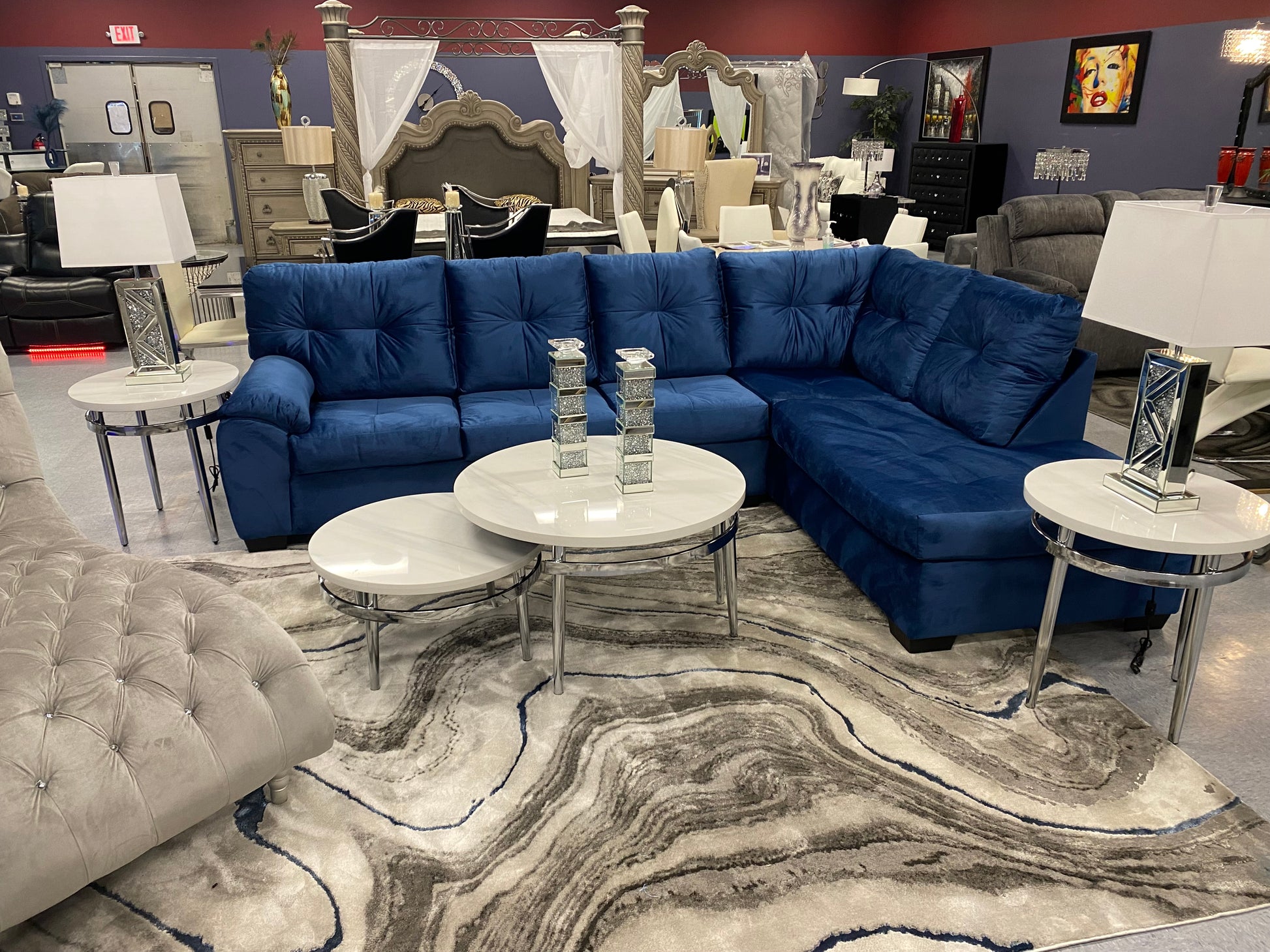 CRISTAL ROYALE Upholstered Sectional Sofa in Coastal Blue Premium Chanel Velvet Fabric ** Available In Over 500 in house Colors and Patterns to Choose From, ** Custom Made To Order ** Design It Your Way House to Home Furnishings LLC