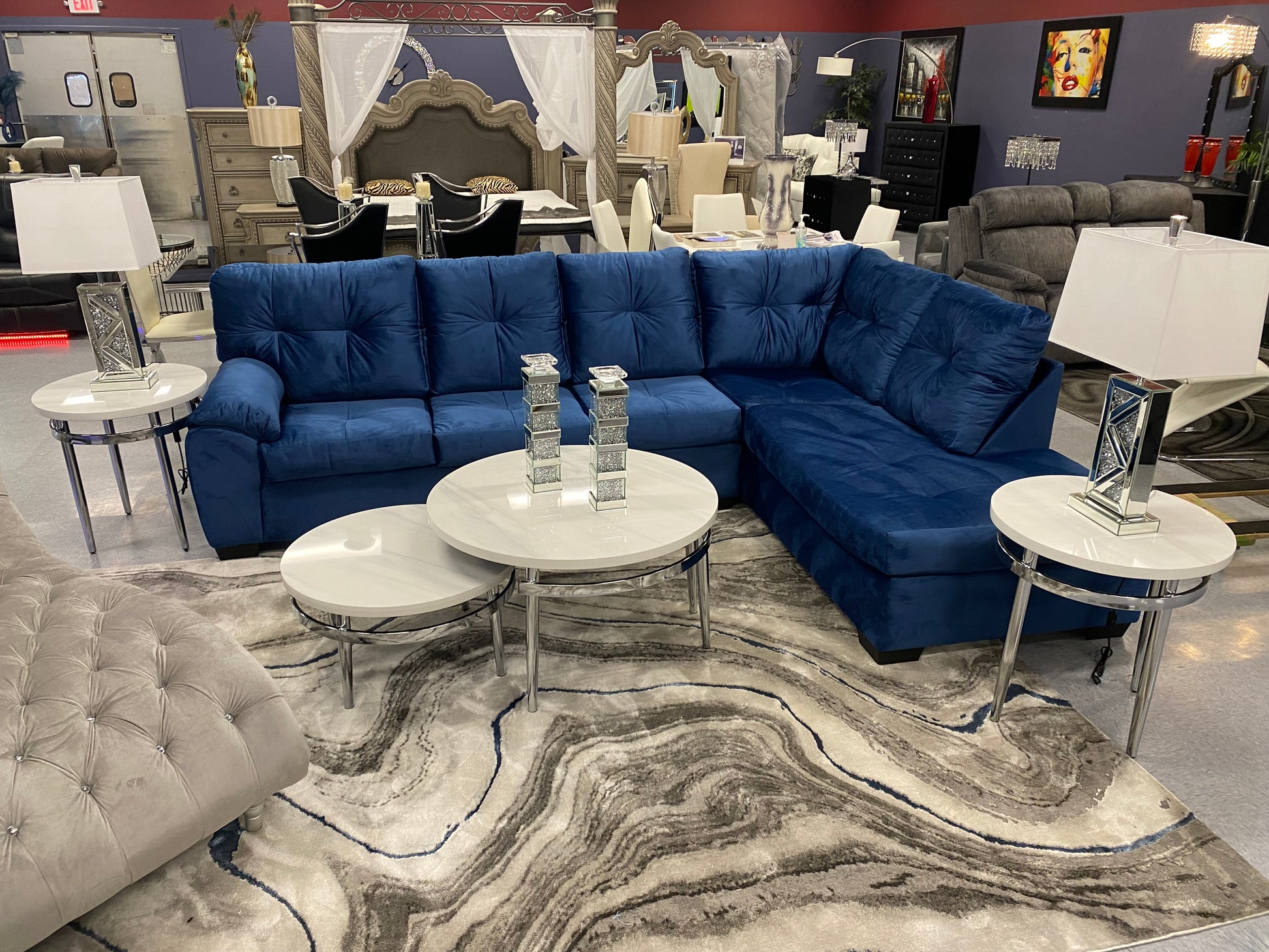 CRISTAL ROYALE Upholstered Sectional Sofa in Coastal Blue Premium Chanel Velvet Fabric ** Available In Over 500 in house Colors and Patterns to Choose From, ** Custom Made To Order ** Design It Your Way House to Home Furnishings LLC