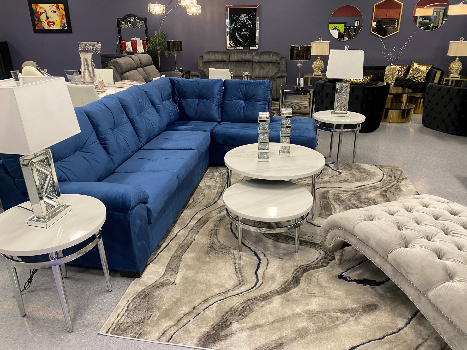 CRISTAL ROYALE Upholstered Sectional Sofa in Coastal Blue Premium Chanel Velvet Fabric ** Available In Over 500 in house Colors and Patterns to Choose From, ** Custom Made To Order ** Design It Your Way House to Home Furnishings LLC