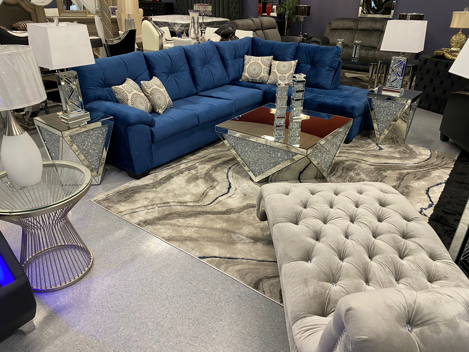 CRISTAL ROYALE Upholstered Sectional Sofa in Coastal Blue Premium Chanel Velvet Fabric ** Available In Over 500 in house Colors and Patterns to Choose From, ** Custom Made To Order ** Design It Your Way House to Home Furnishings LLC