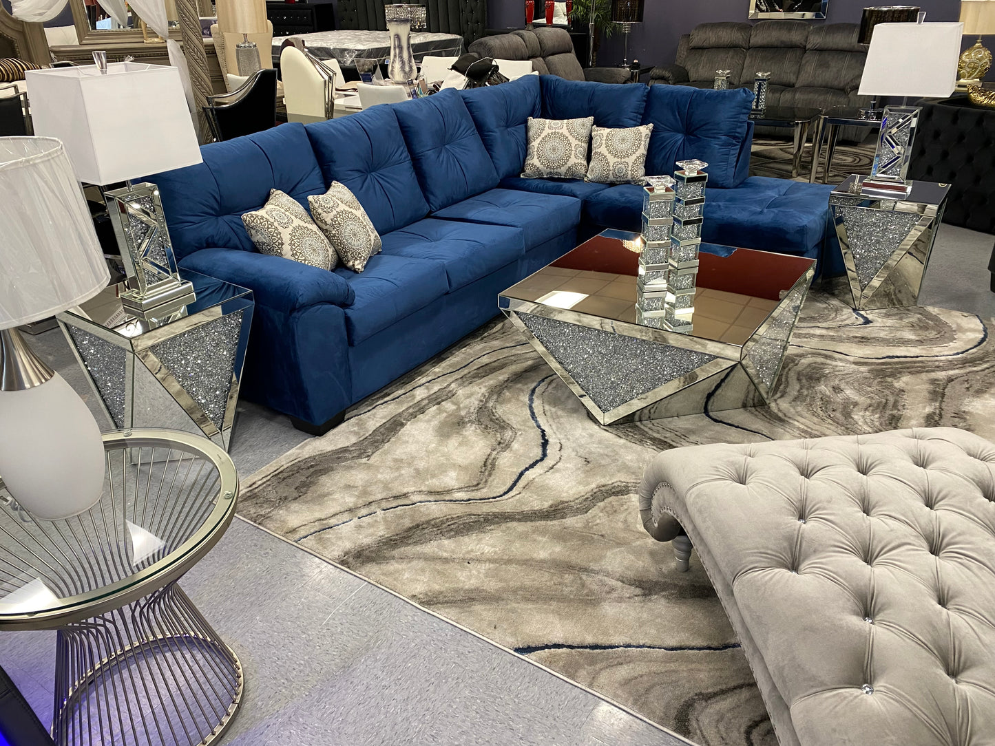 CRISTAL ROYALE Upholstered Sectional Sofa in Coastal Blue Premium Chanel Velvet Fabric ** Available In Over 500 in house Colors and Patterns to Choose From, ** Custom Made To Order ** Design It Your Way House to Home Furnishings LLC