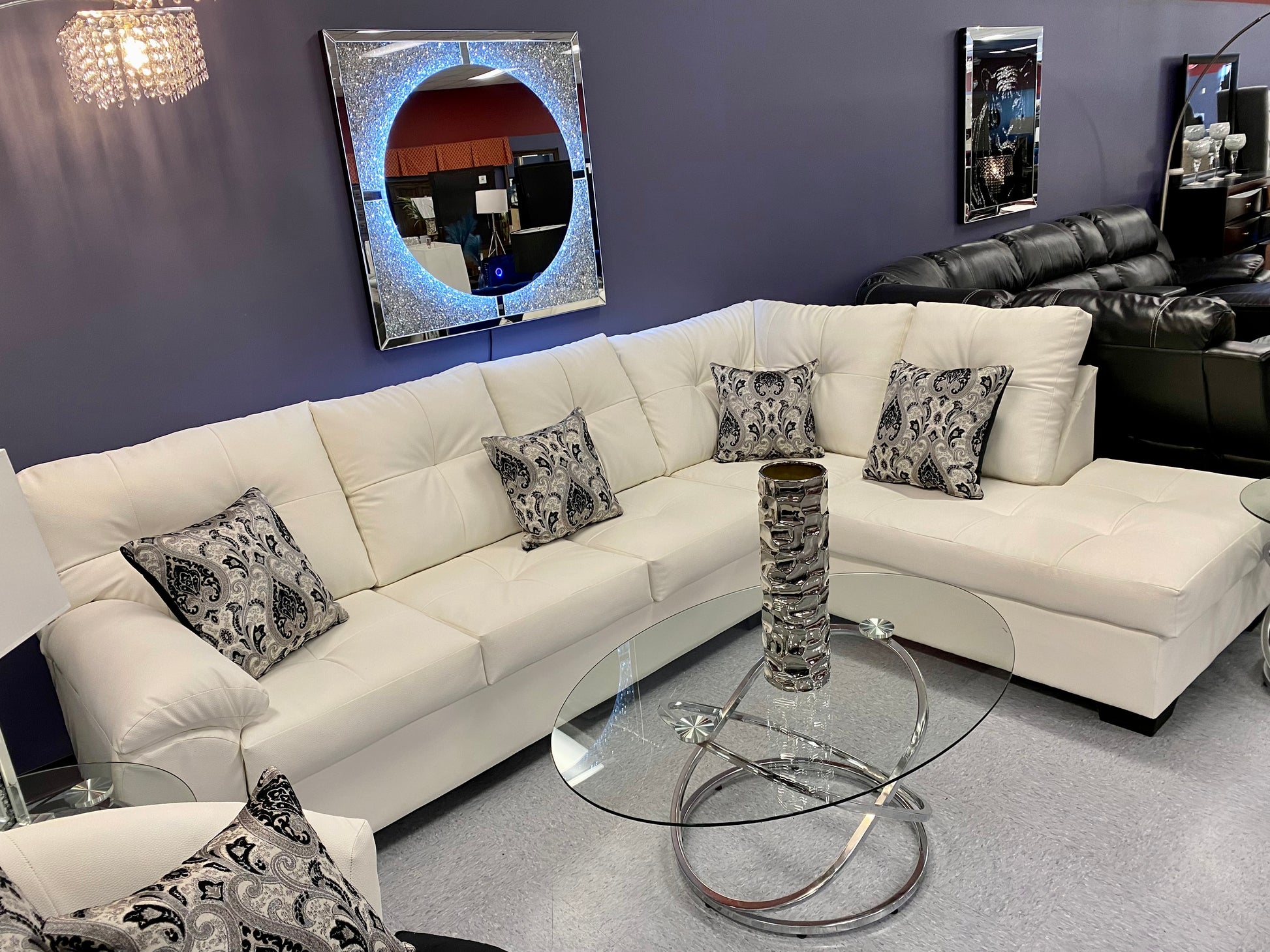 CRISTAL ROYALE OXFORD WHITE LEATHER Upholstered Sectional Sofa in ** Available In Over 500 in house Colors and Patterns to Choose From, ** Custom Made To Order ** Design It Your Way House to Home Furnishings LLC