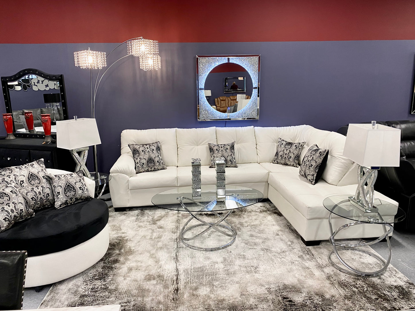 CRISTAL ROYALE OXFORD WHITE LEATHER Upholstered Sectional Sofa in ** Available In Over 500 in house Colors and Patterns to Choose From, ** Custom Made To Order ** Design It Your Way House to Home Furnishings LLC