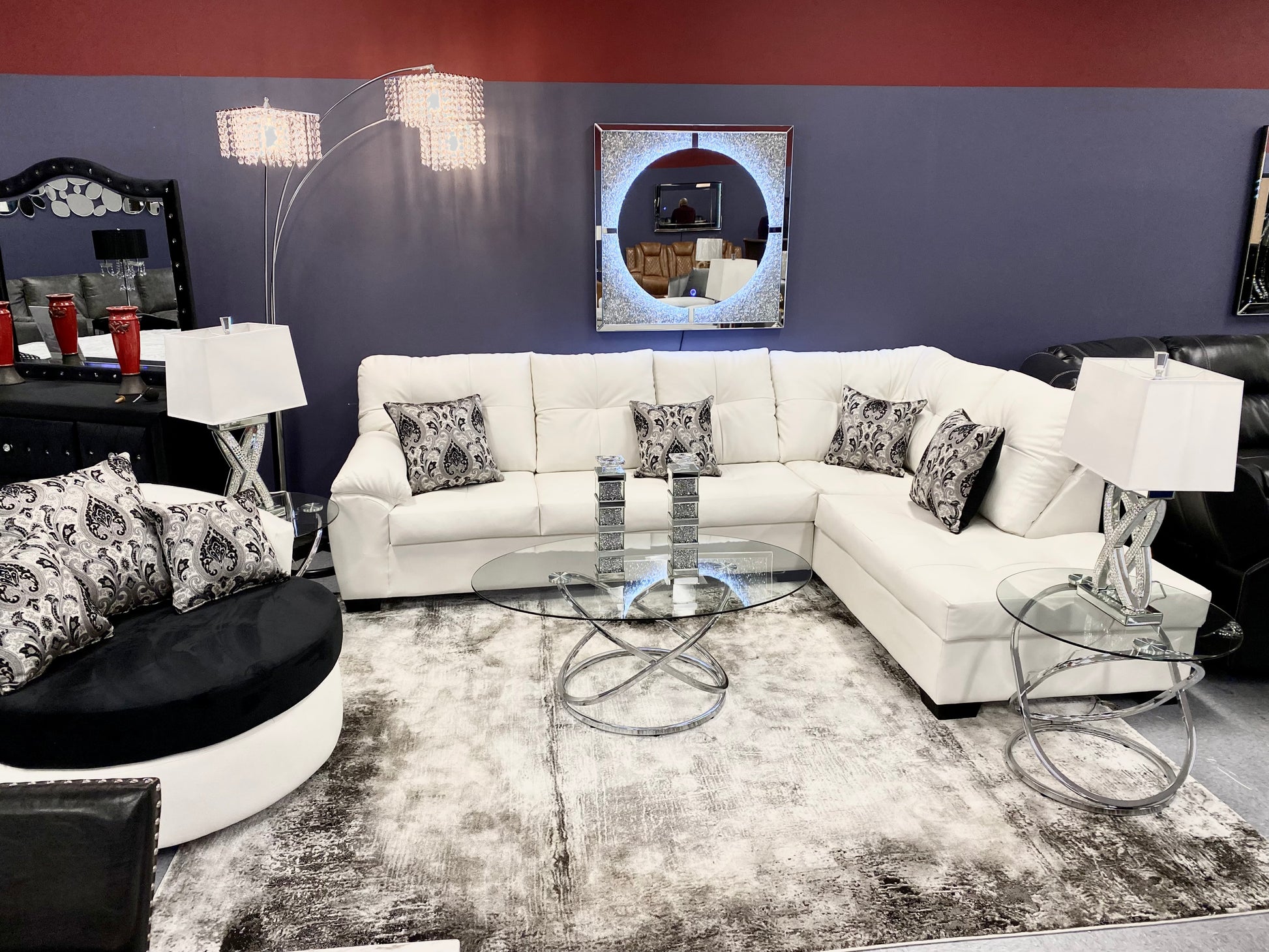 CRISTAL ROYALE OXFORD WHITE LEATHER Upholstered Sectional Sofa in ** Available In Over 500 in house Colors and Patterns to Choose From, ** Custom Made To Order ** Design It Your Way House to Home Furnishings LLC