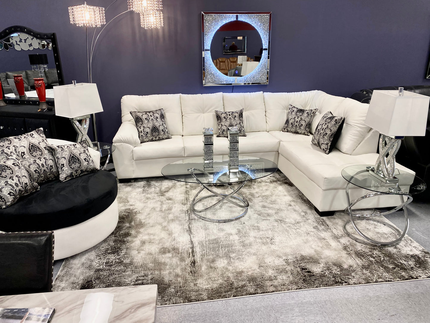 CRISTAL ROYALE OXFORD WHITE LEATHER Upholstered Sectional Sofa in ** Available In Over 500 in house Colors and Patterns to Choose From, ** Custom Made To Order ** Design It Your Way House to Home Furnishings LLC