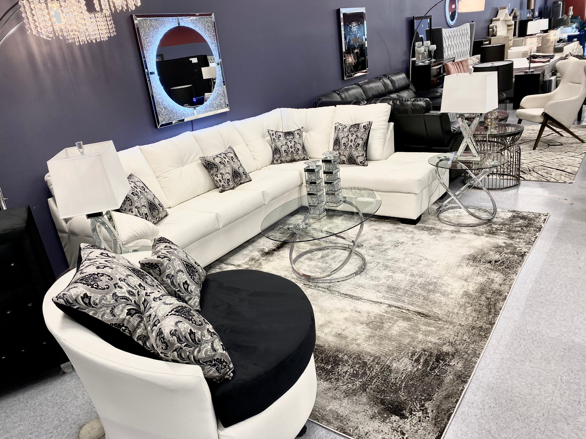 CRISTAL ROYALE OXFORD WHITE LEATHER Upholstered Sectional Sofa in ** Available In Over 500 in house Colors and Patterns to Choose From, ** Custom Made To Order ** Design It Your Way House to Home Furnishings LLC