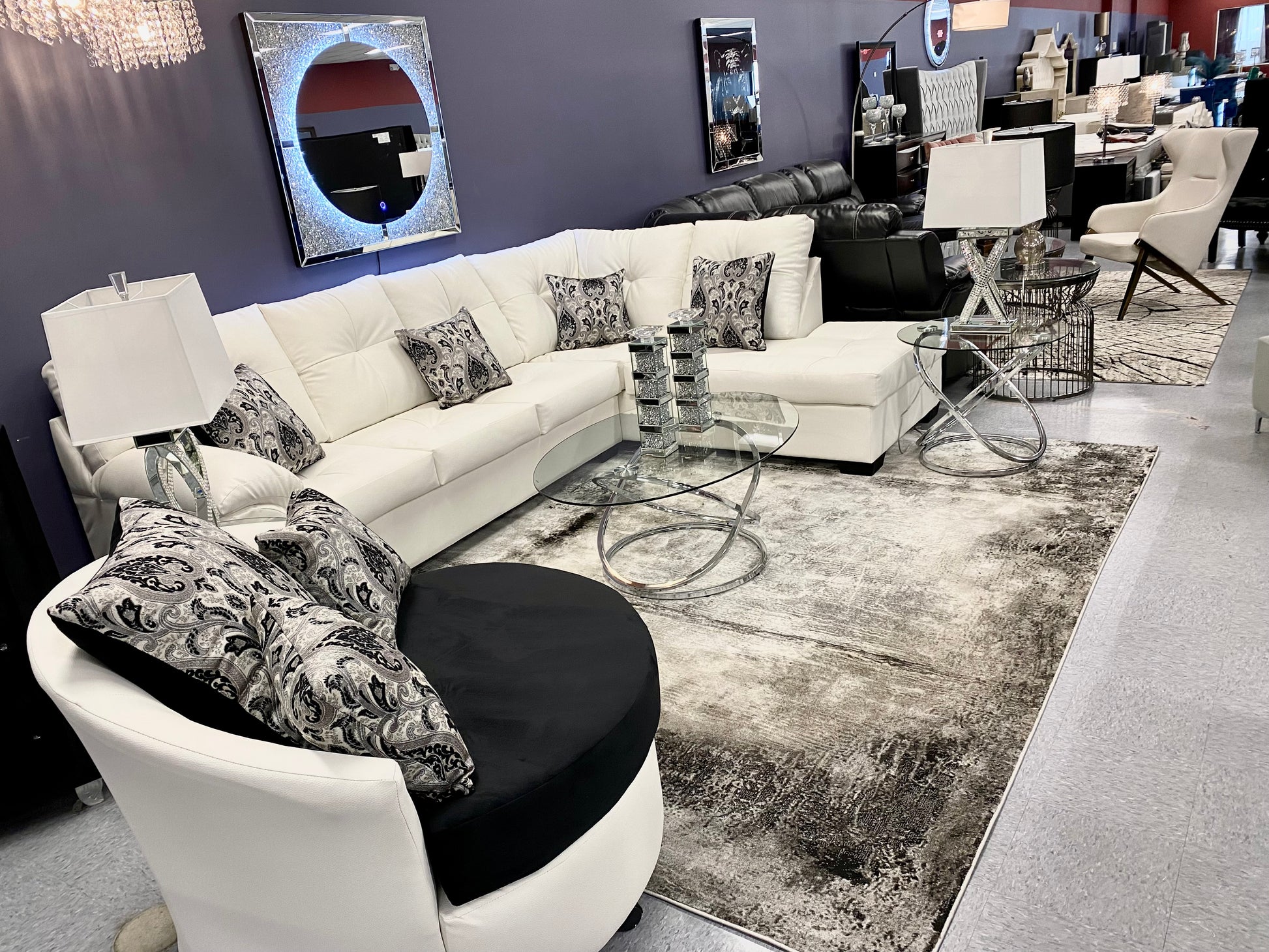 CRISTAL ROYALE OXFORD WHITE LEATHER Upholstered Sectional Sofa in ** Available In Over 500 in house Colors and Patterns to Choose From, ** Custom Made To Order ** Design It Your Way House to Home Furnishings LLC