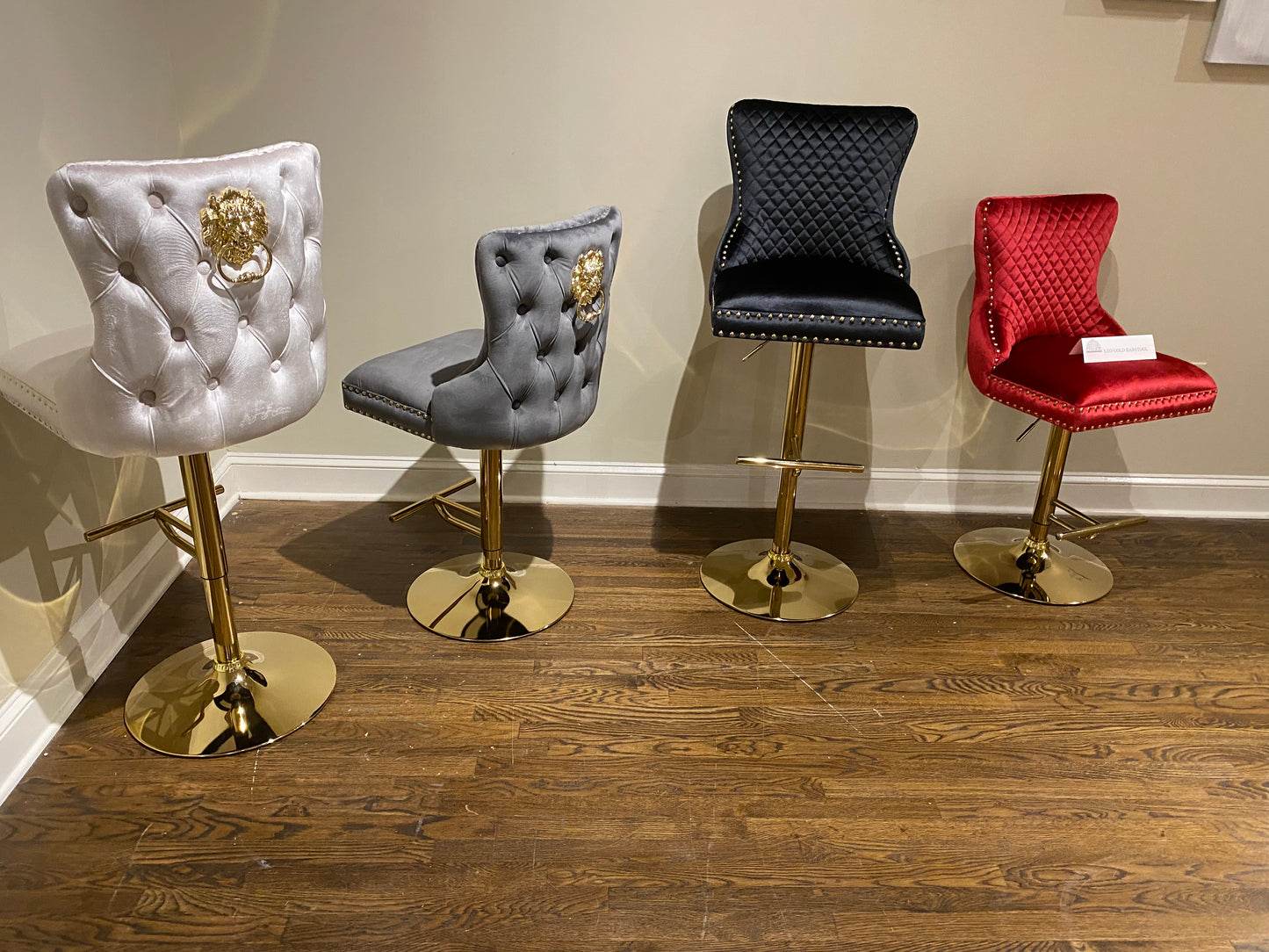 Lion Head Velvet Tufted Swiveling Nail Head Bar Stools (Premium Gold Lion Head & Base) House to Home Furnishings LLC