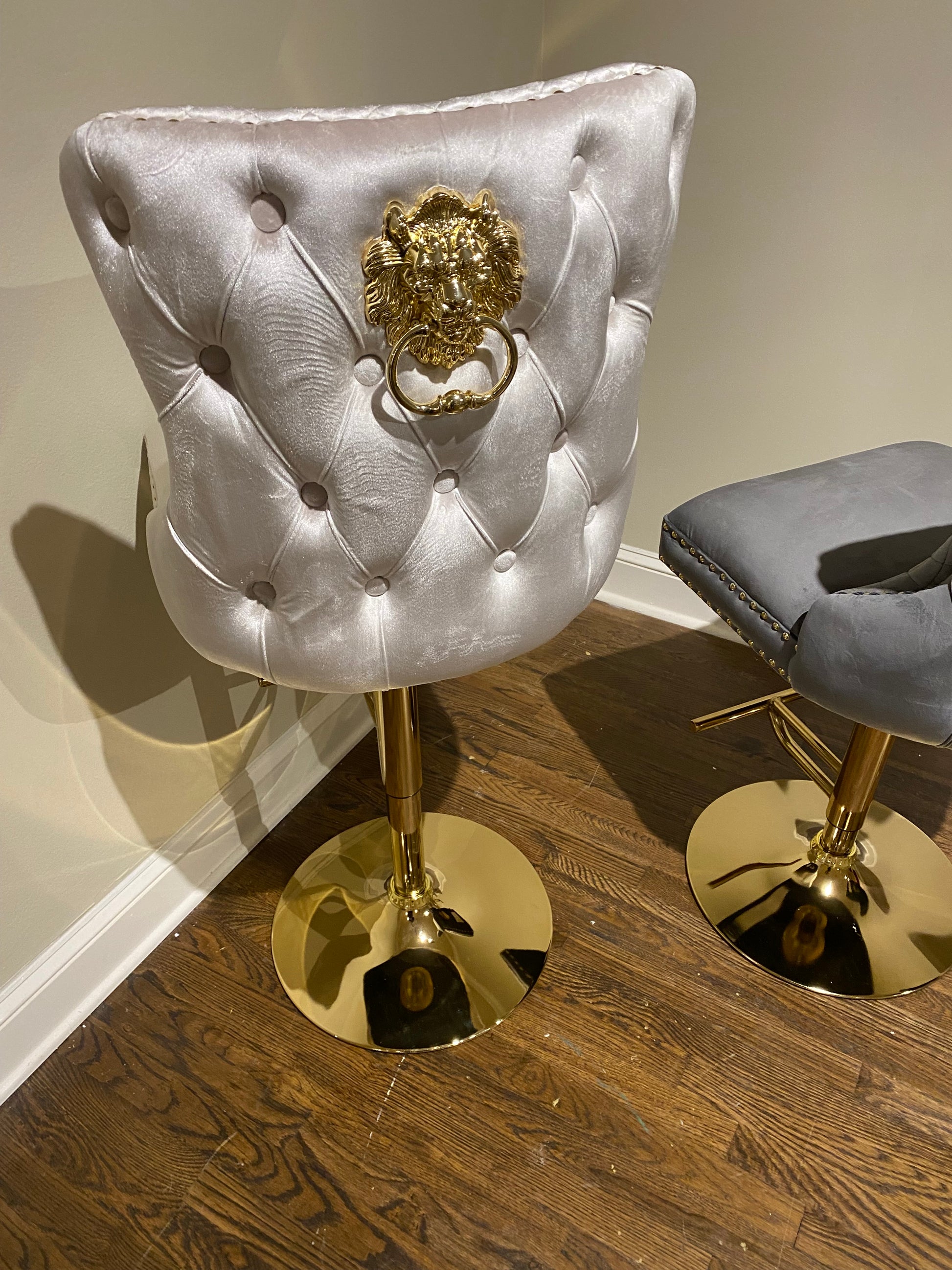 Lion Head Velvet Tufted Swiveling Nail Head Bar Stools (Premium Gold Lion Head & Base) House to Home Furnishings LLC