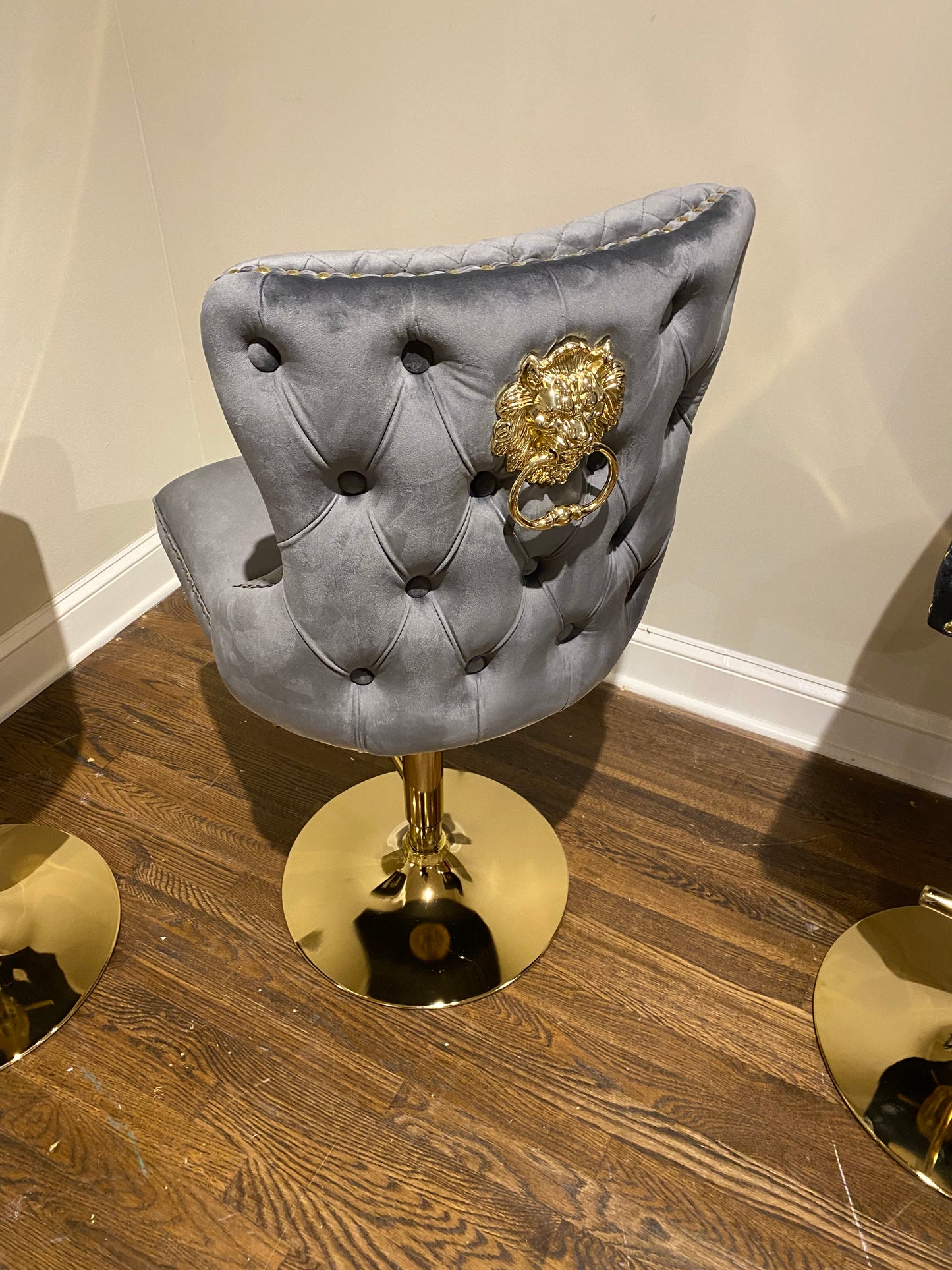 Lion Head Velvet Tufted Swiveling Nail Head Bar Stools (Premium Gold Lion Head & Base) House to Home Furnishings LLC