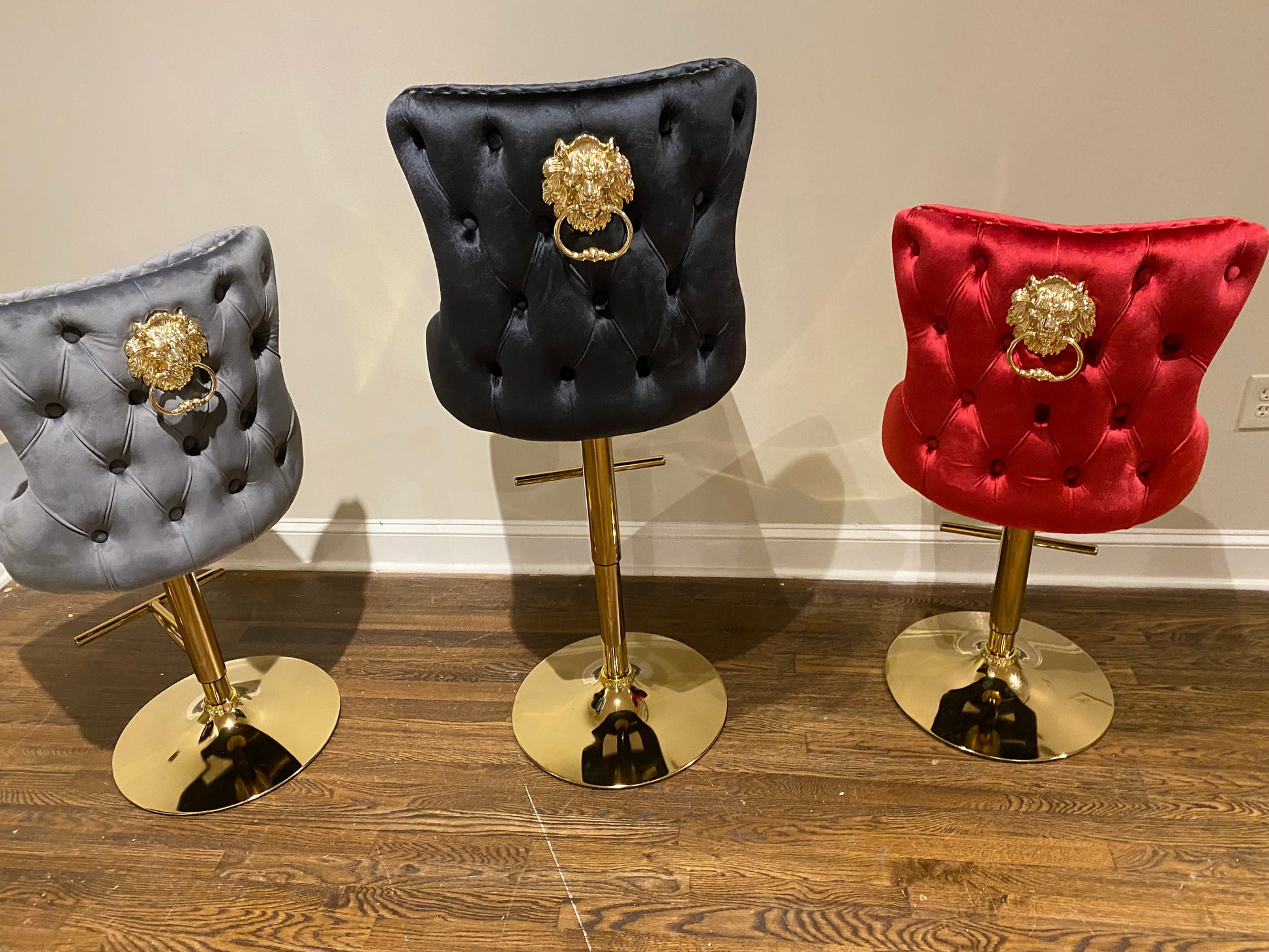 Lion Head Velvet Tufted Swiveling Nail Head Bar Stools (Premium Gold Lion Head & Base) House to Home Furnishings LLC