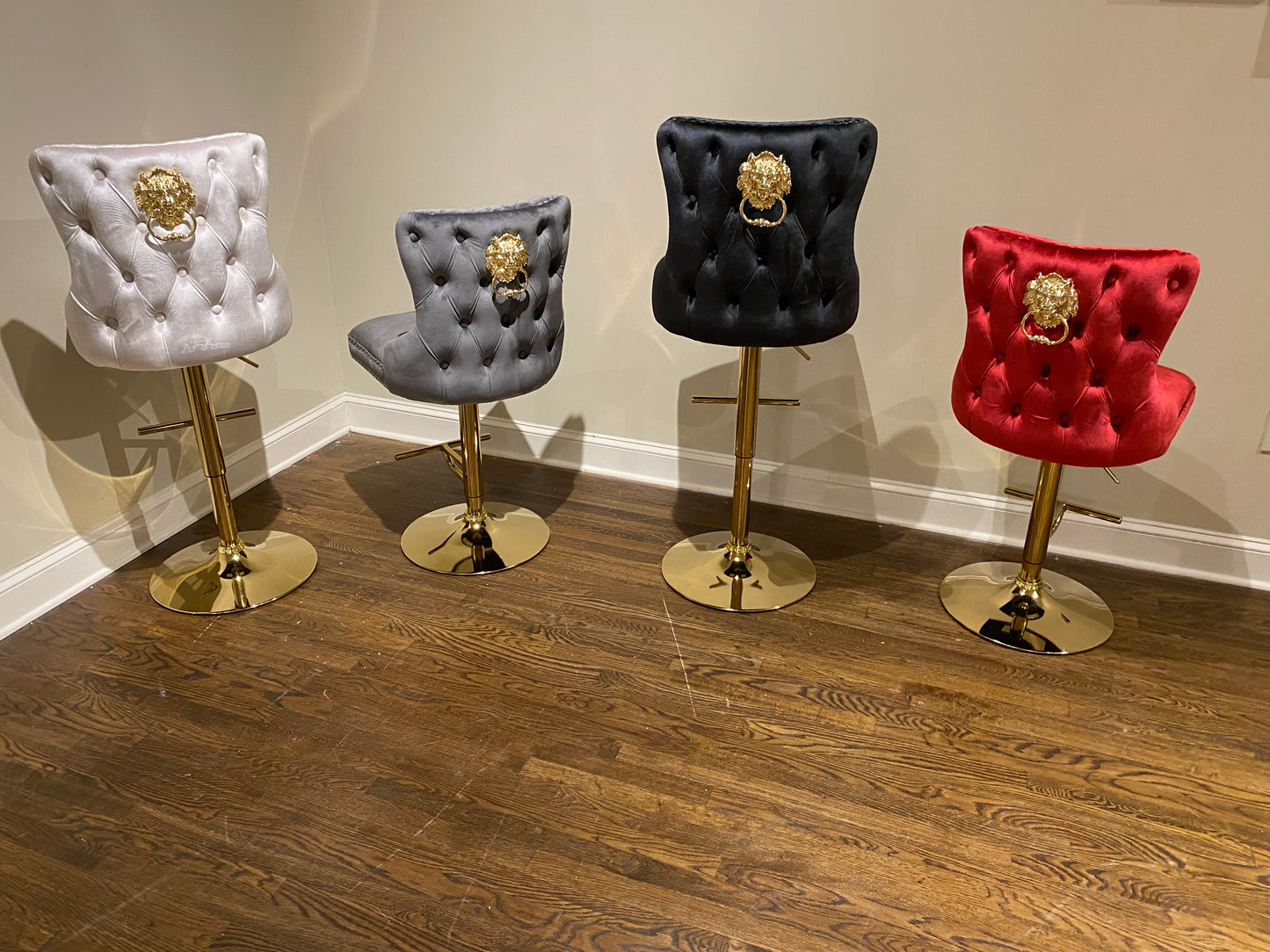 Lion Head Velvet Tufted Swiveling Nail Head Bar Stools (Premium Gold Lion Head & Base) House to Home Furnishings LLC