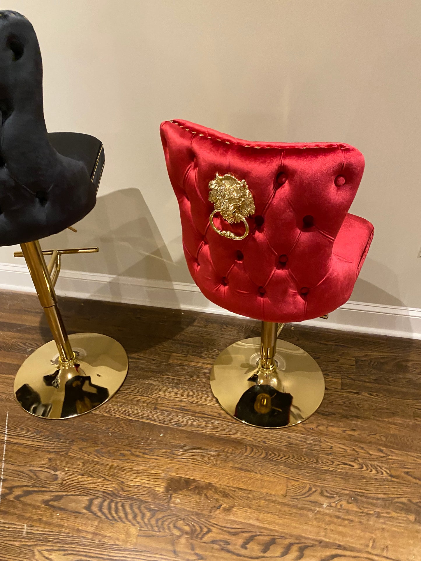 Lion Head Velvet Tufted Swiveling Nail Head Bar Stools (Premium Gold Lion Head & Base) House to Home Furnishings LLC