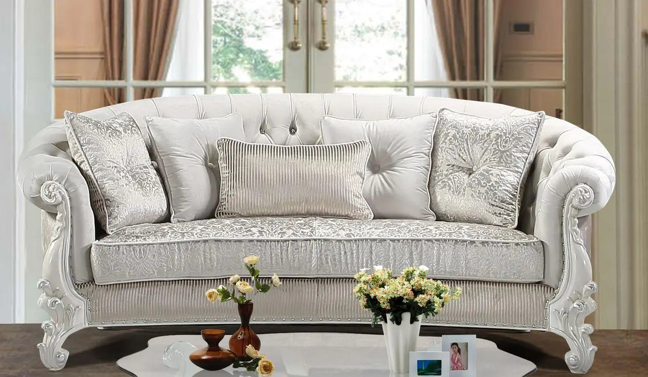 Juliana Traditional Sofa and Loveseat in Pearl White Wood Finish by Cosmos Furniture Cosmos Furniture