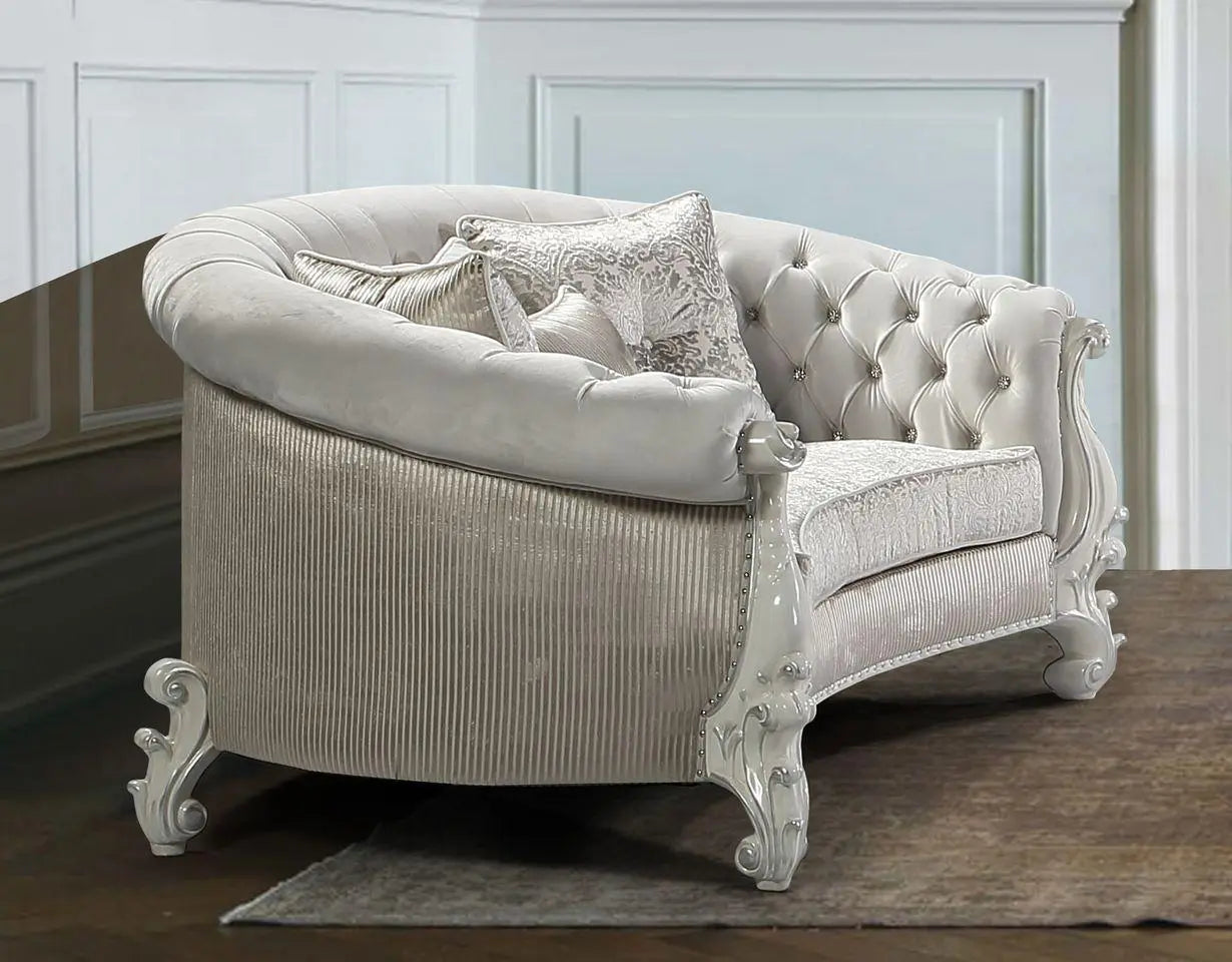 Juliana Traditional Sofa and Loveseat in Pearl White Wood Finish by Cosmos Furniture Cosmos Furniture