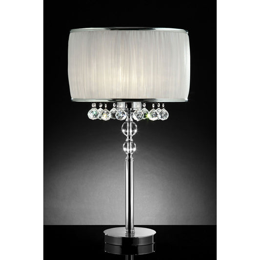 Chloe White/Chrome Table Lamp, Hanging Crystal FOA East