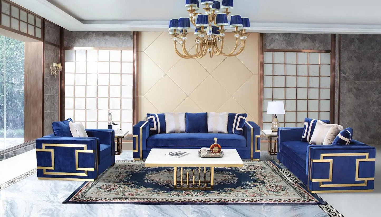 Lawrence Premium Transitional Sofa and Loveseat in Navy Fabric with Gold Metal Trim Cosmos Furniture