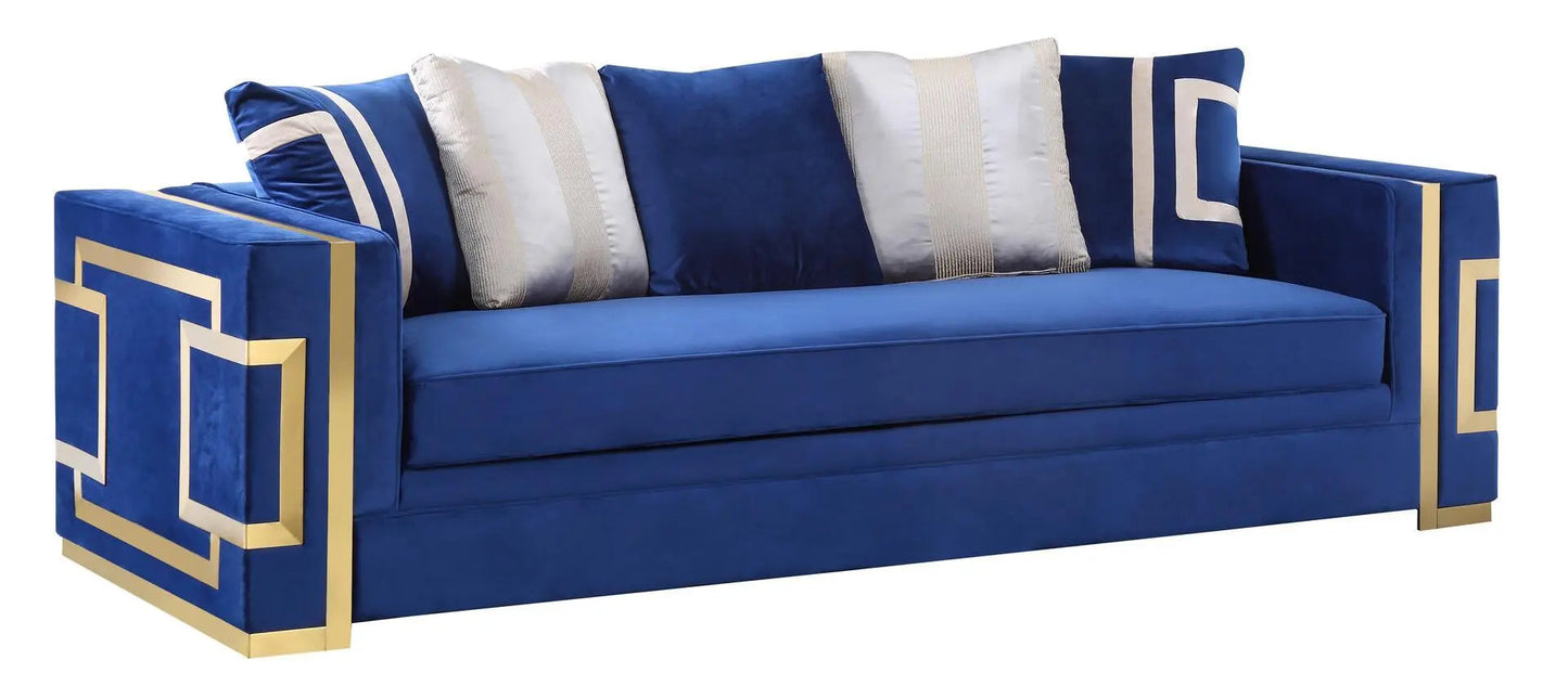 Lawrence Premium Transitional Sofa and Loveseat in Navy Fabric with Gold Metal Trim Cosmos Furniture