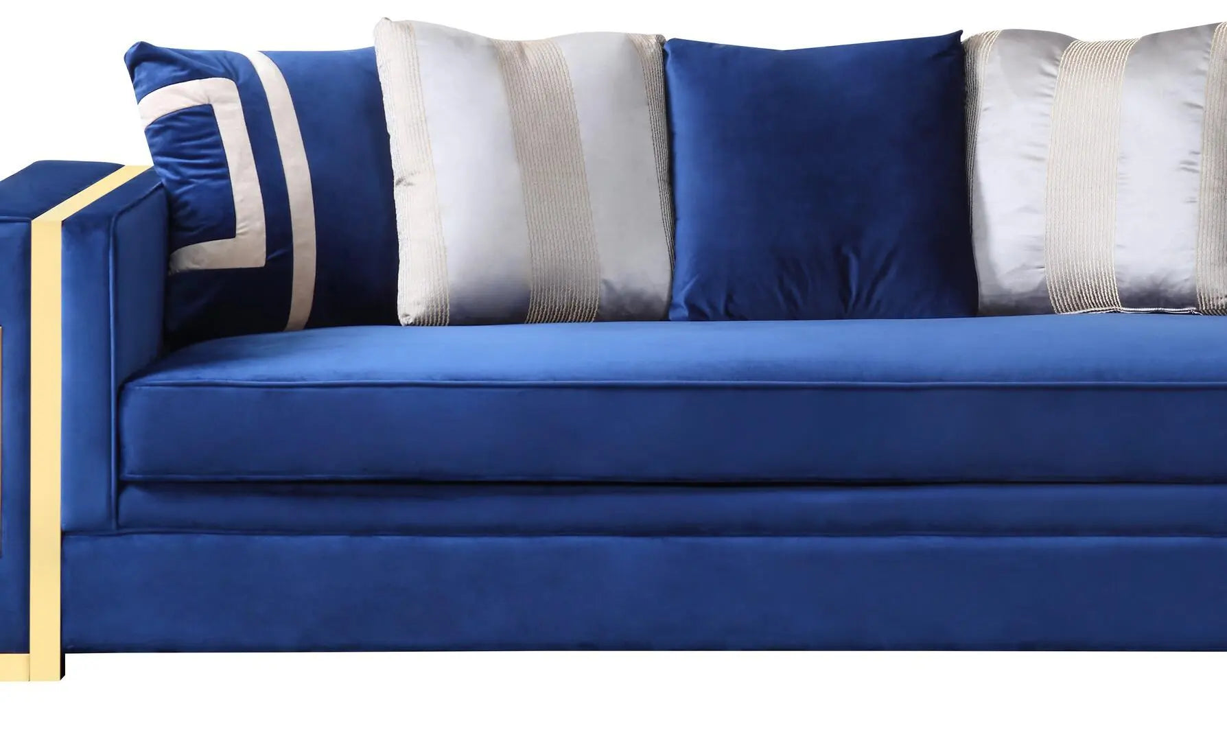 Lawrence Premium Transitional Sofa and Loveseat in Navy Fabric with Gold Metal Trim Cosmos Furniture