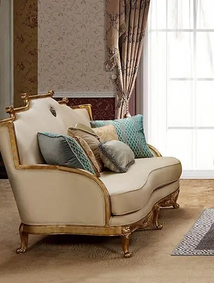 Majestic Traditional Sofa and Loveseat in Gold & Light Beige Wood Finish by Cosmos Furniture Cosmos Furniture