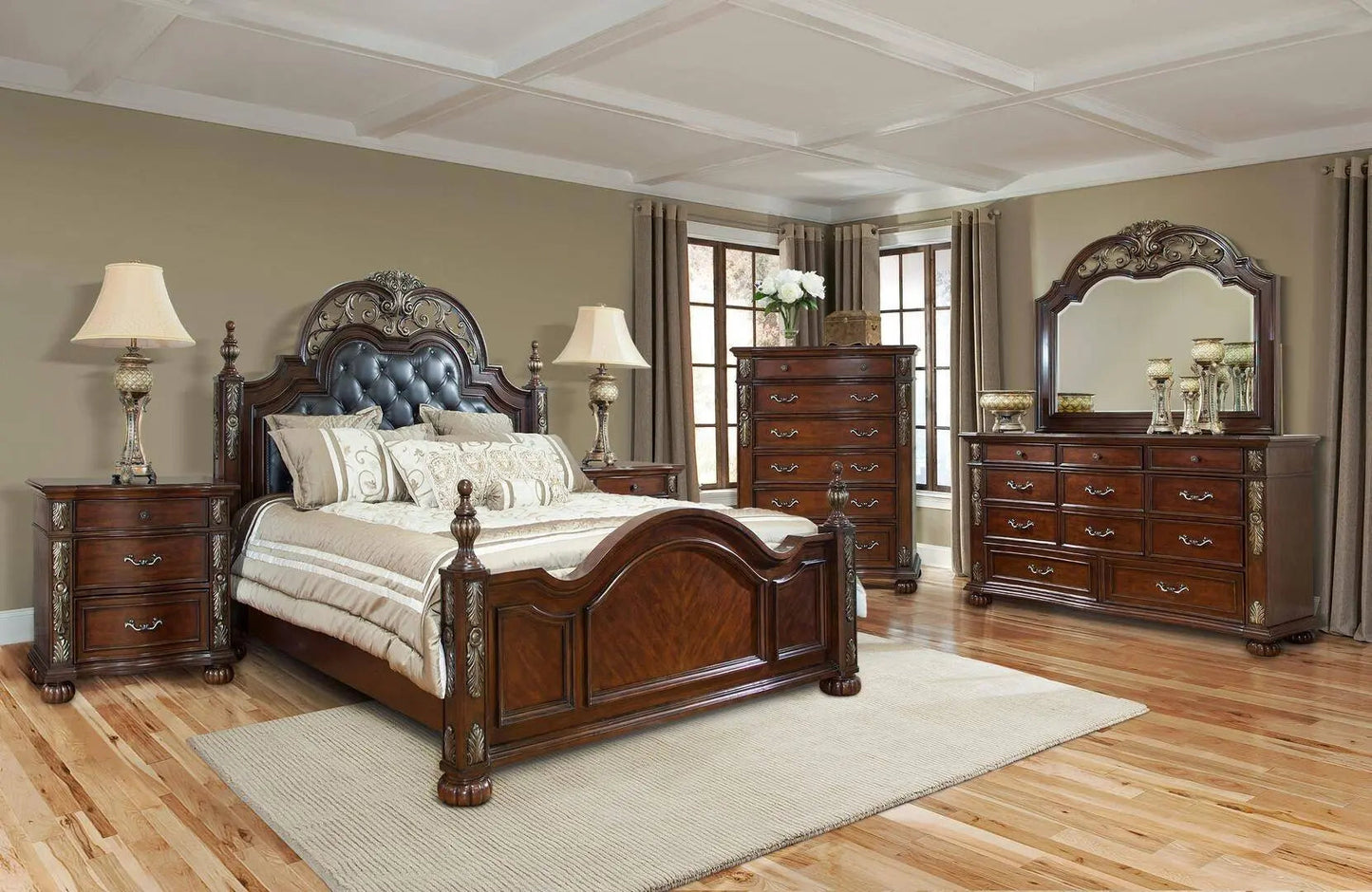 Rosanna 6Pc Traditional Bedroom Set in Cherry Finish by Cosmos Furniture Cosmos Furniture