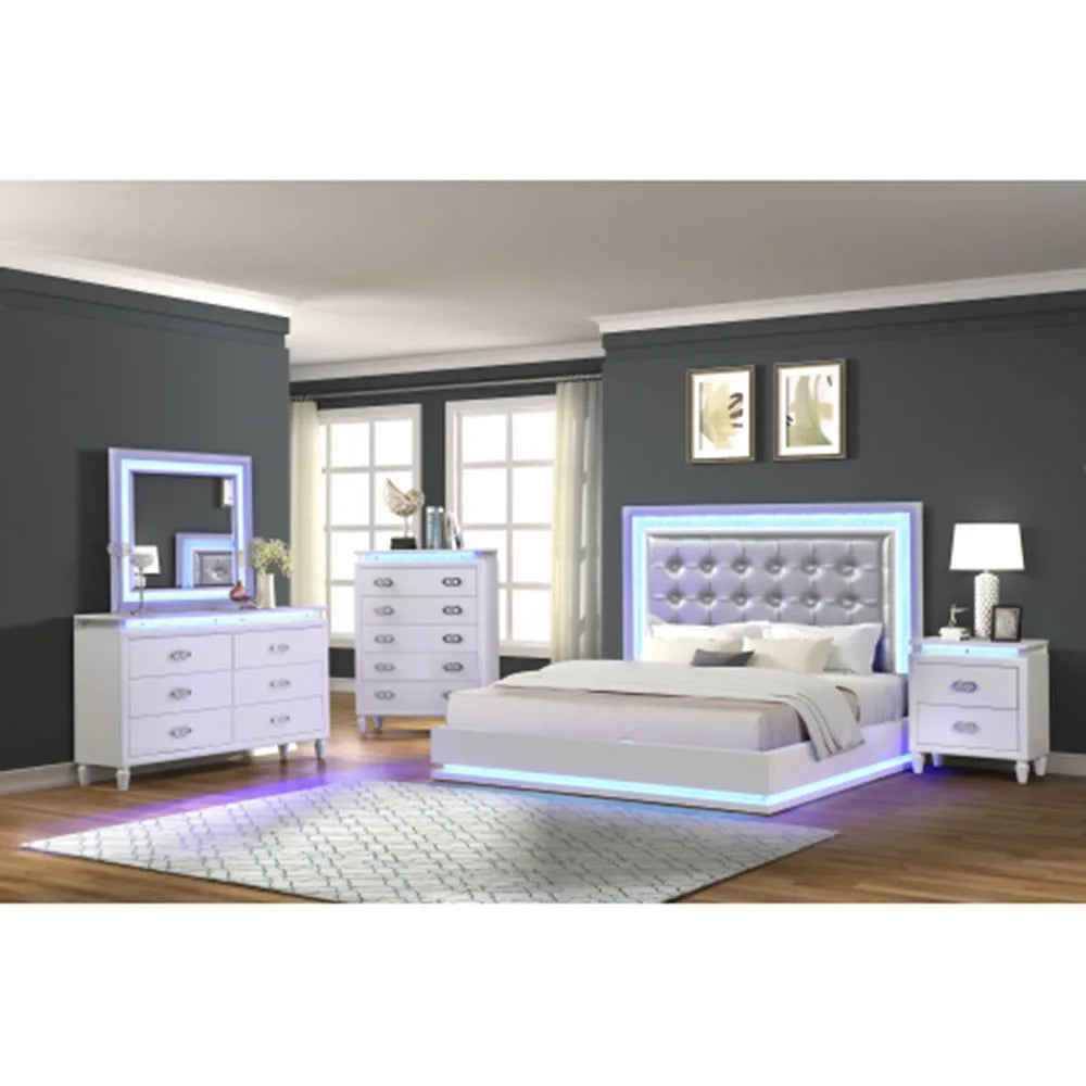 Passion Queen 6 PC Bed Room Set Nightstand  Dresser Chest Cabinet Cupboard Forcer Milky White with Led  Bedroom Furniture House to Home Furnishings LLC