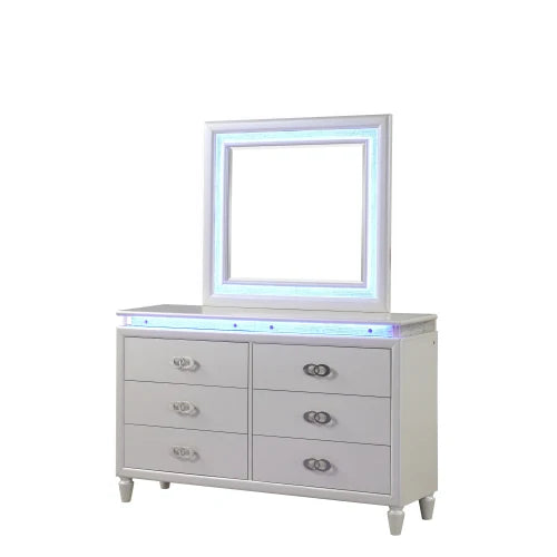 Passion Queen 6 PC Bed Room Set Nightstand  Dresser Chest Cabinet Cupboard Forcer Milky White with Led  Bedroom Furniture House to Home Furnishings LLC