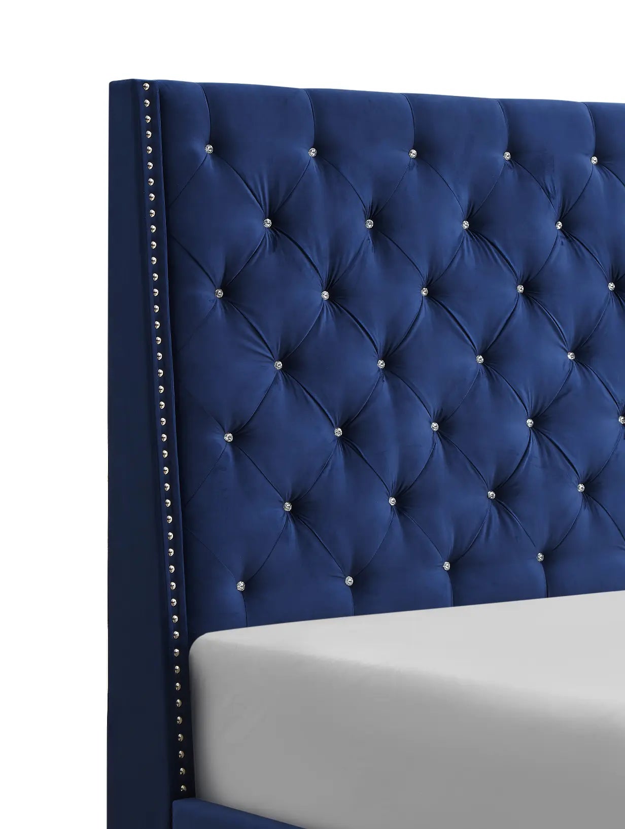 Chantilly Royal Blue Velvet Queen Upholstered Bed Crown Mark