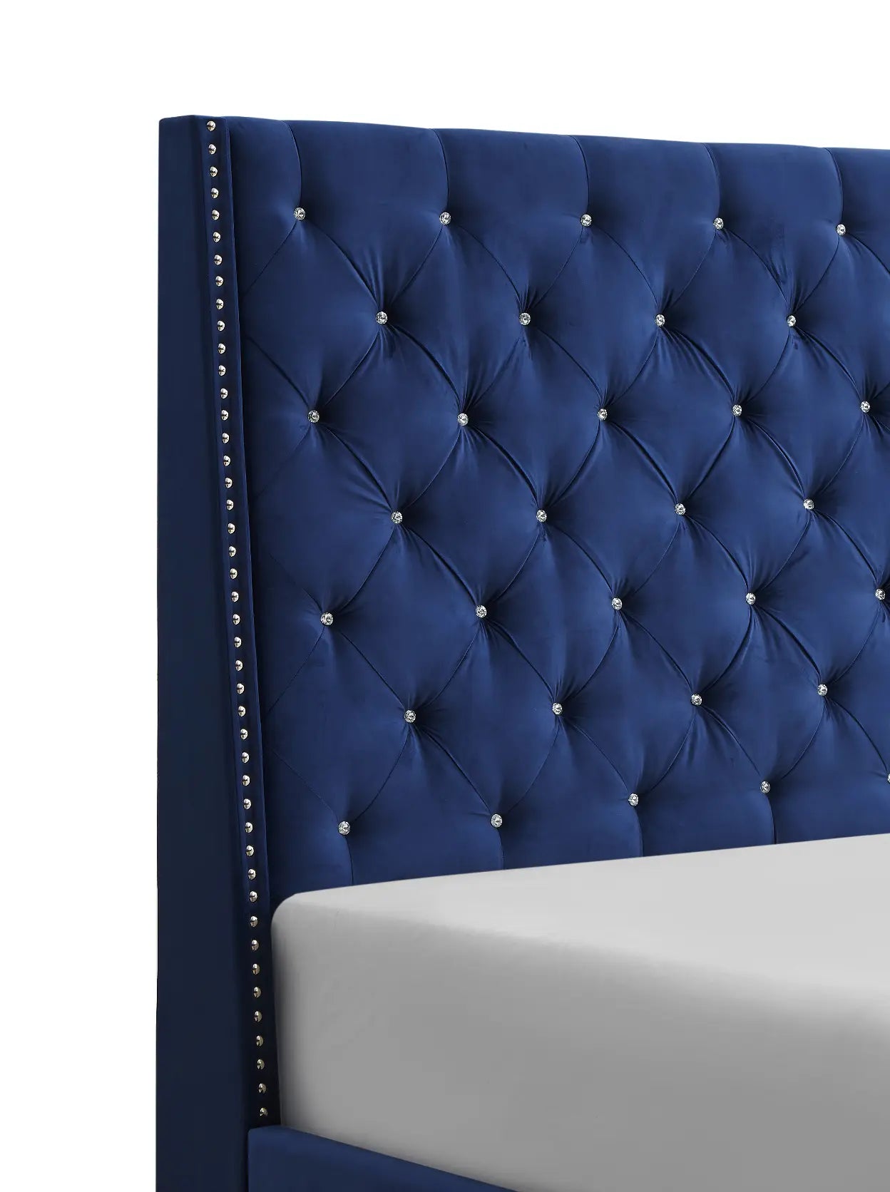 Chantilly Royal Blue Velvet King Upholstered Bed Crown Mark