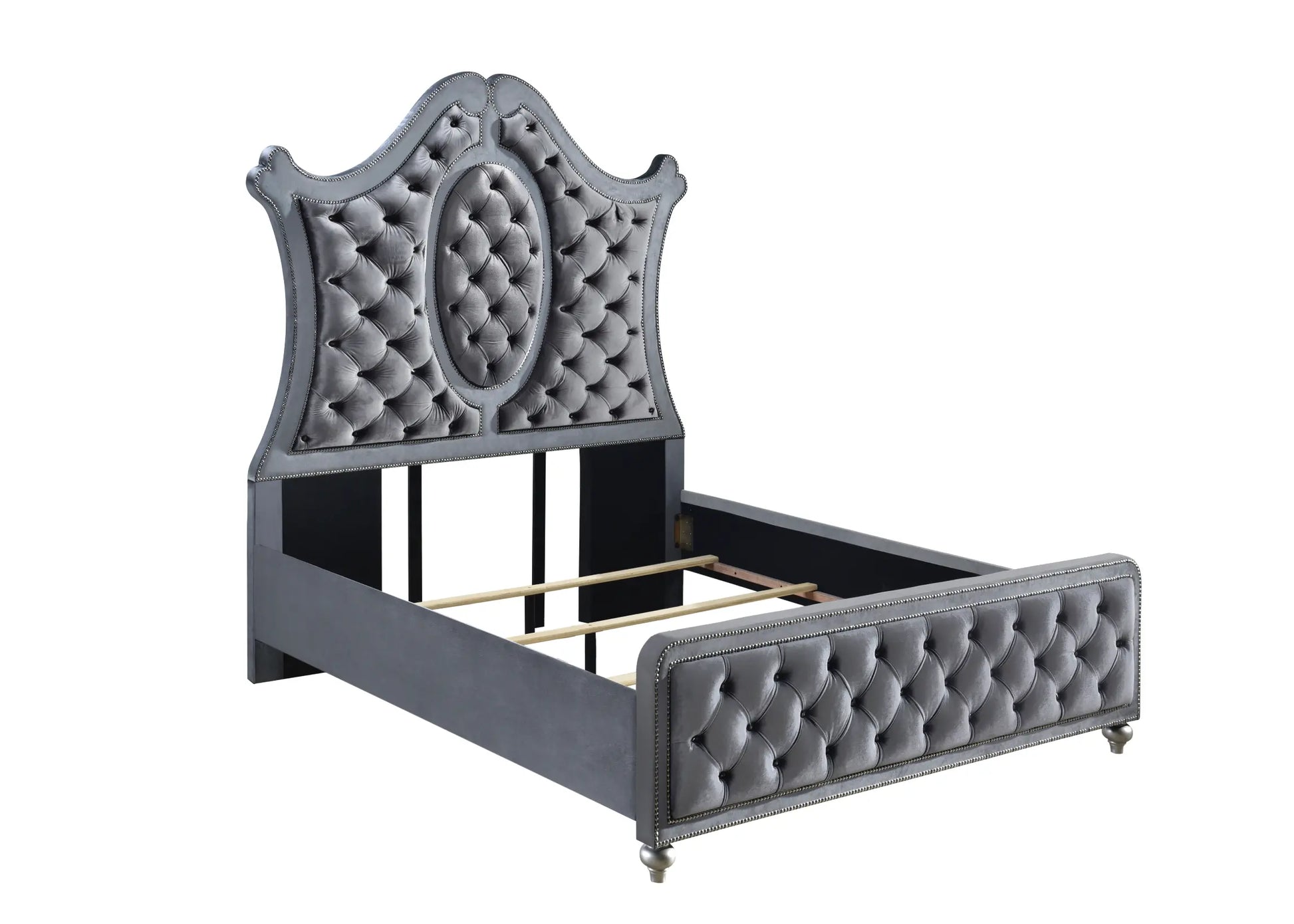 Cameo Gray Queen Upholstered Panel Bed Crown Mark