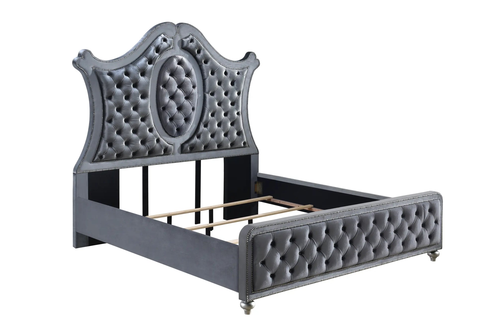 Cameo Gray King Upholstered Panel Bed Crown Mark