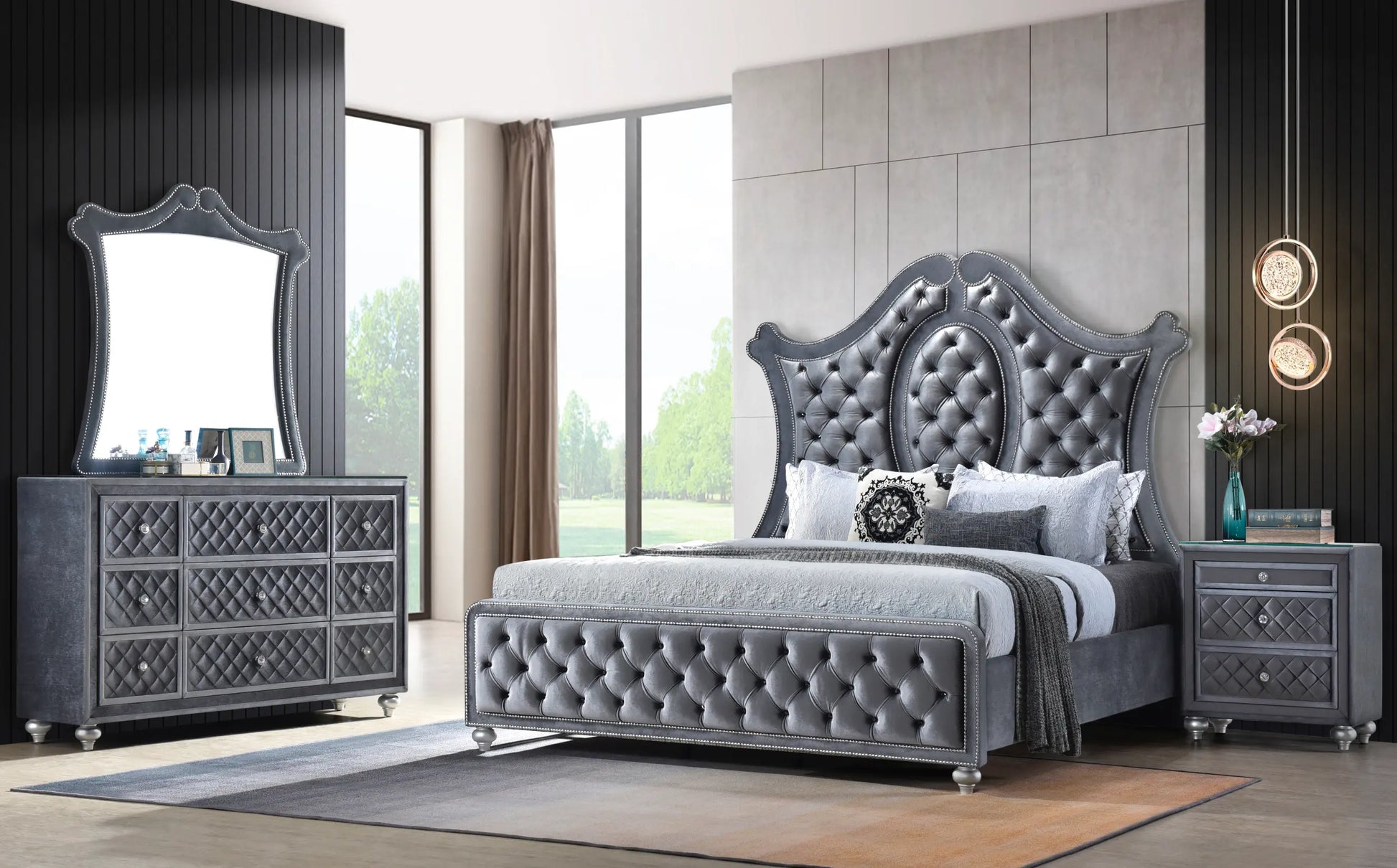 Cameo Gray King Upholstered Panel Bed Crown Mark