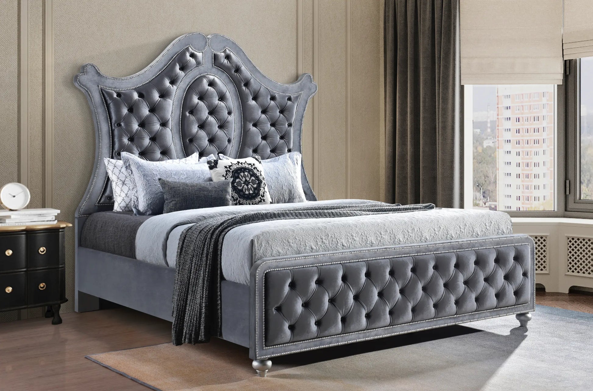 Cameo Gray King Upholstered Panel Bed Crown Mark