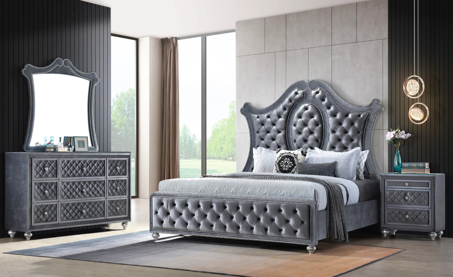 Cameo Gray Upholstered Panel Bedroom Set Crown Mark