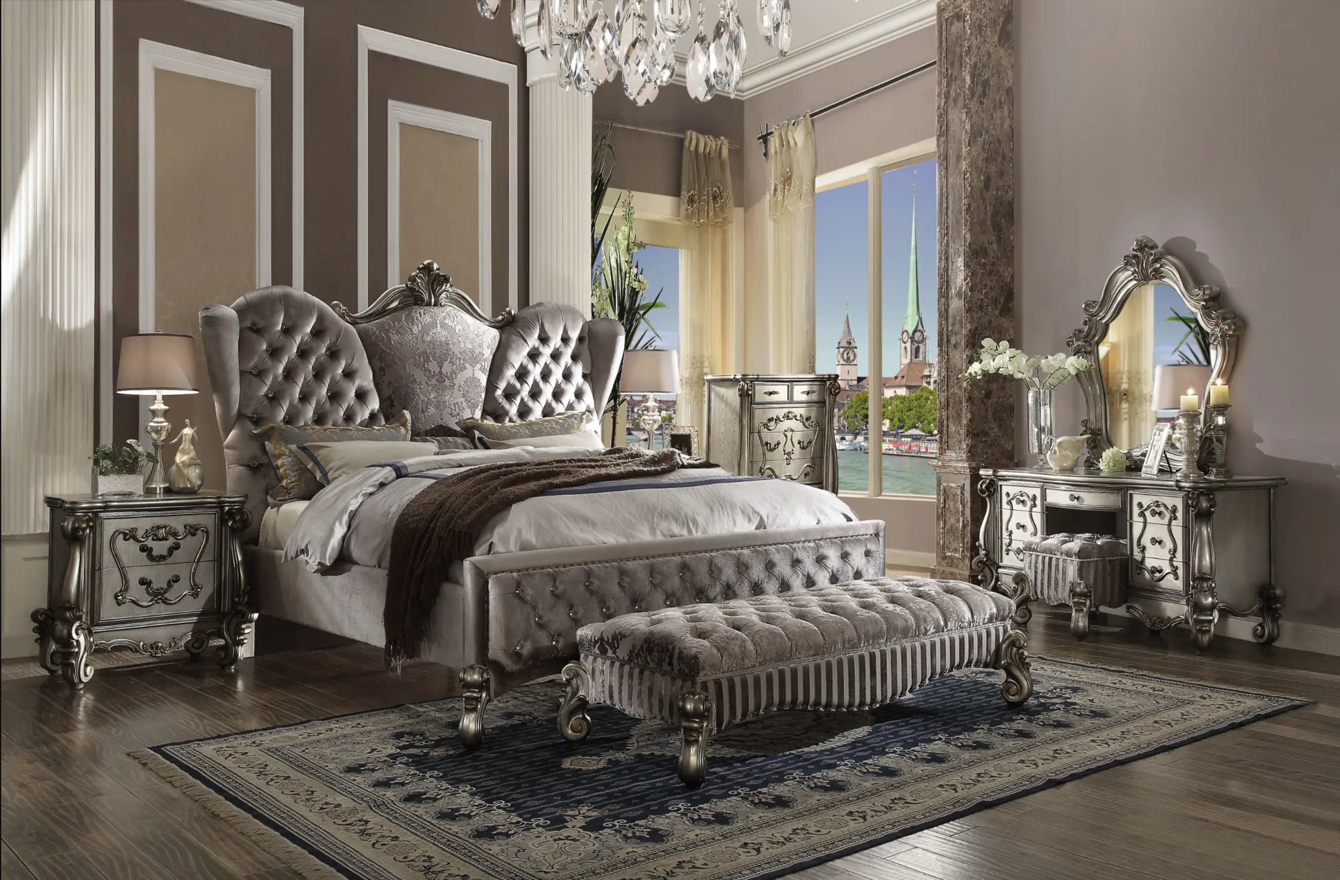 Versailles Velvet & Antique Platinum California King Bed ACME East