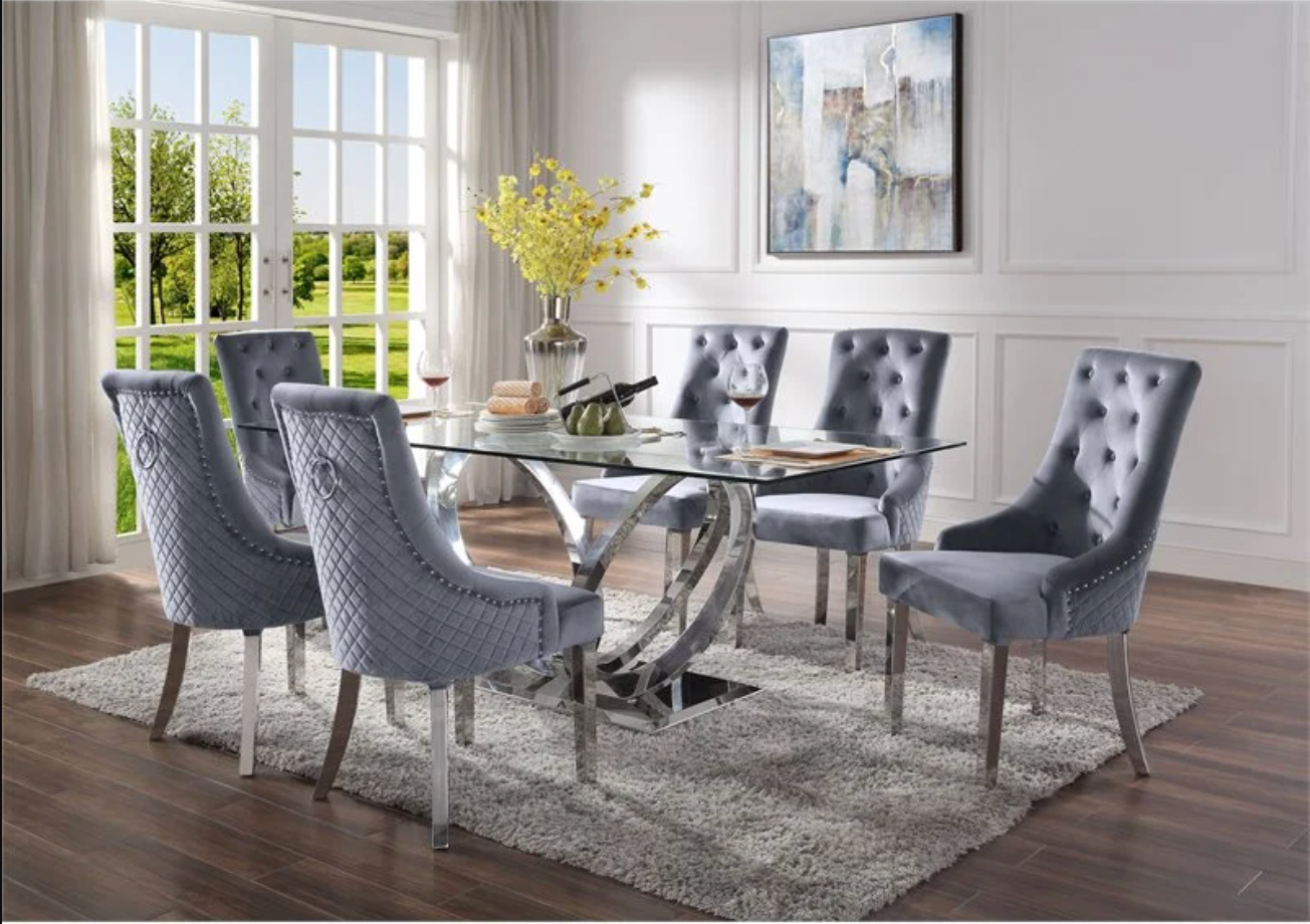 Finley Clear Glass & Mirrored Silver Finish Dining Room Set ACME East