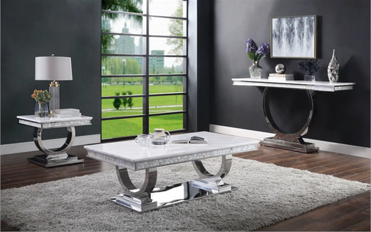 Zander White Printed Faux Marble & Mirrored Silver Finish Table Set ACME East