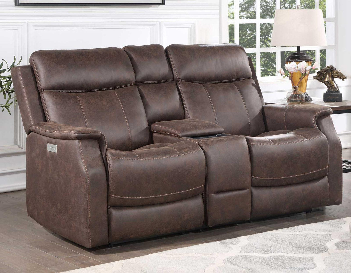 Steve Silver Valencia Dual Power Leatherette Reclining Console Loveseat in Walnut Steve Silver 2