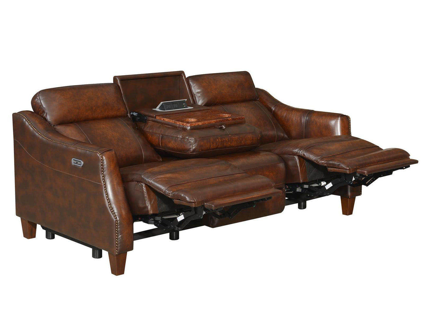 Steve Silver Akari Leather Dual Power Reclining Sofa w/ Dropdown Console in English Chestnut Steve Silver 2