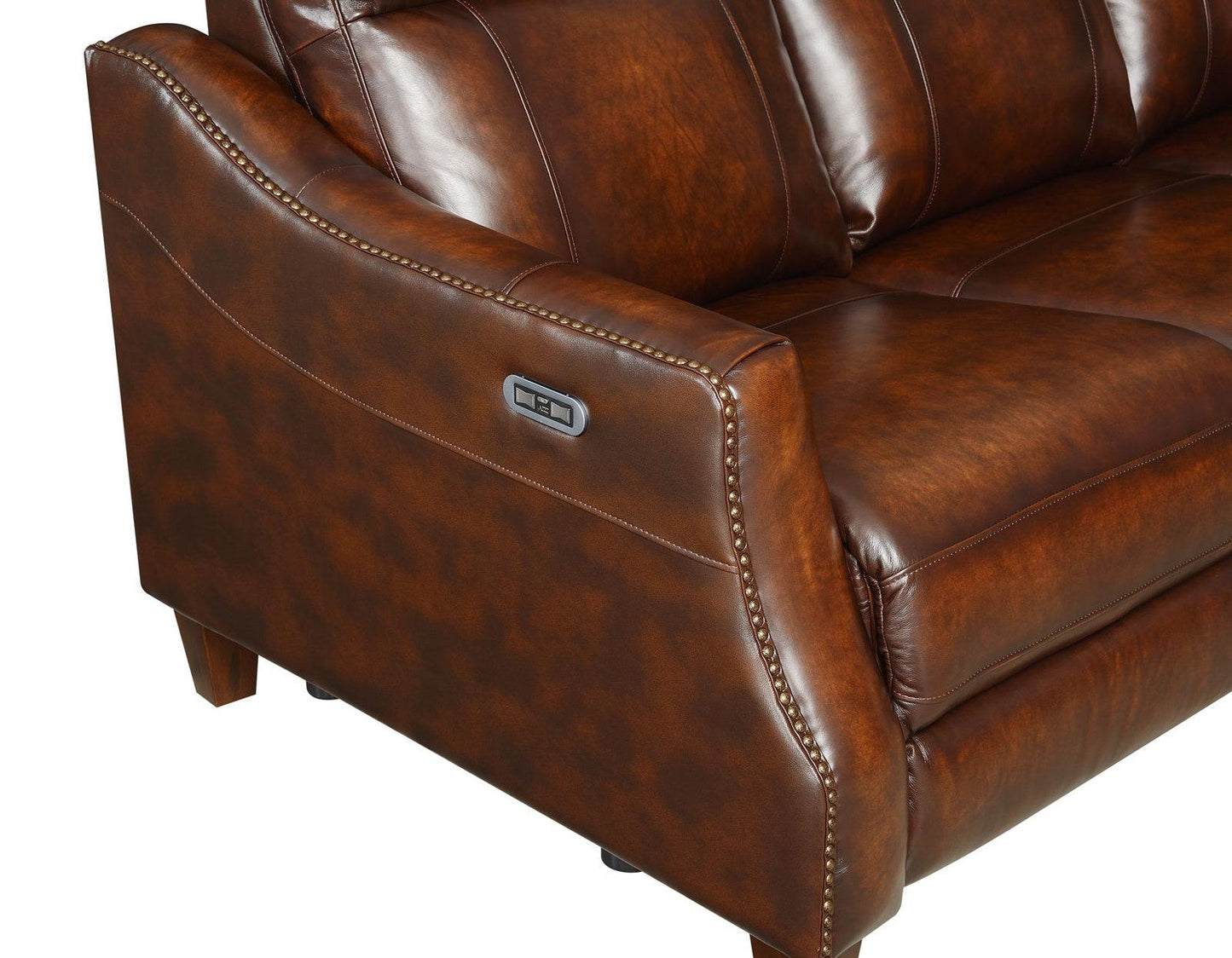 Steve Silver Akari Leather Dual Power Reclining Sofa w/ Dropdown Console in English Chestnut Steve Silver 2