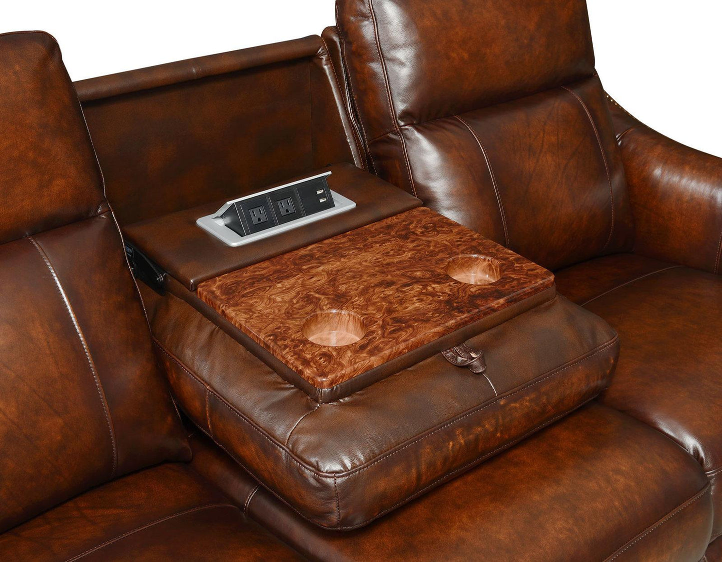 Steve Silver Akari Leather Dual Power Reclining Sofa w/ Dropdown Console in English Chestnut Steve Silver 2